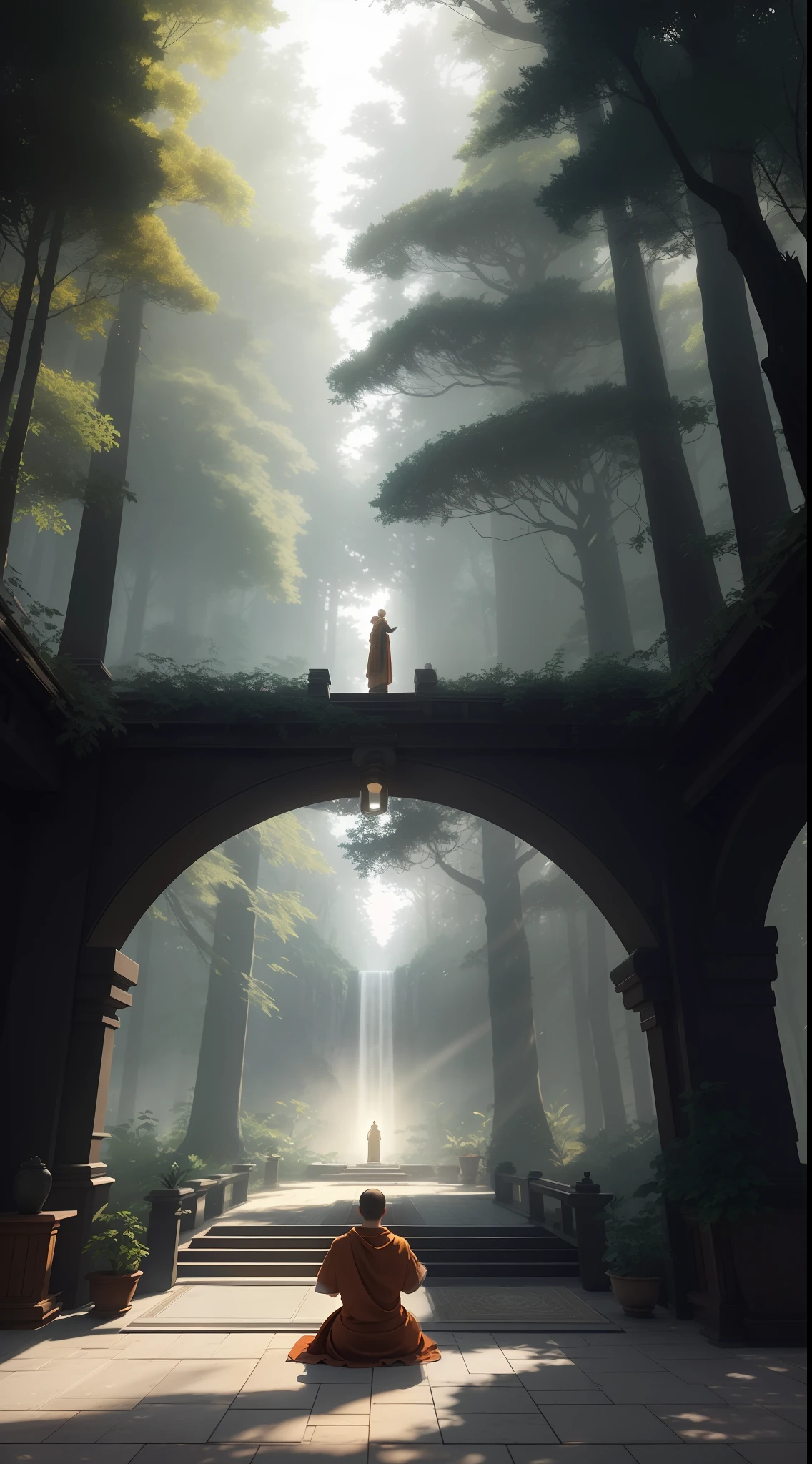 a monk is meditating, wearing a white robe in the temple, the temple is in the forest, raw photo, surreal photo, unreal engine 4, 8k, super sharp, detailed colors, wide color coverage , extreme scene detail, shading, anti-aliasing, error detail smoothing,raw photo, surreal image, unreal engine 4, 8k, super sharp, detailed colors, wide color coverage, extremely high scene detail, shading, anti-aliasing, error detail smoothing, raw photo, surreal photo, unreal engine 4.8k, super sharp, detailed color, wide color coverage, scene detail extremely tall object , (8k, RAW photo, best quality, masterpiece:1.2), (realistic, photo-realistic:1.37),modelshoot style, (extremely detailed CG unity 8k wallpaper),professional majestic oil painting by Ed Blinkey, Atey Ghailan, Studio Ghibli, by Jeremy Mann, Greg Manchess, Antonio Moro, trending on ArtStation, trending on CGSociety, Intricate, High Detail, Sharp focus, dramatic, photorealistic painting art by midjourney and greg rutkowski, scene detail extreme objects, shading, anti-aliasing, error detail smoothing