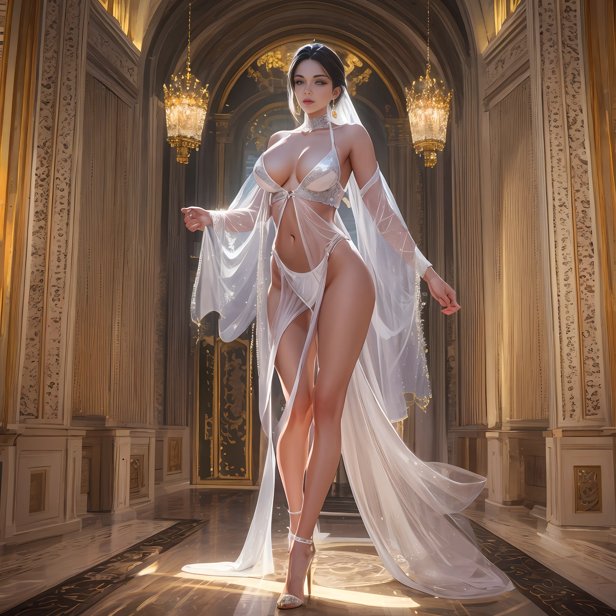 Great masterpiece, epic CG work, fashion model 25 years old [[[[full body]]], [[[[chest], [[neck], [shoulder]]]]], perfect eyes, perfect iris, perfect lips, perfect teeth, perfect skin, soft front light, glowing light, HDR, (pastel color: 1.2), standing on the runway in white transparent sexy bikini, full body size, light and shadow following, ceramic smooth skin