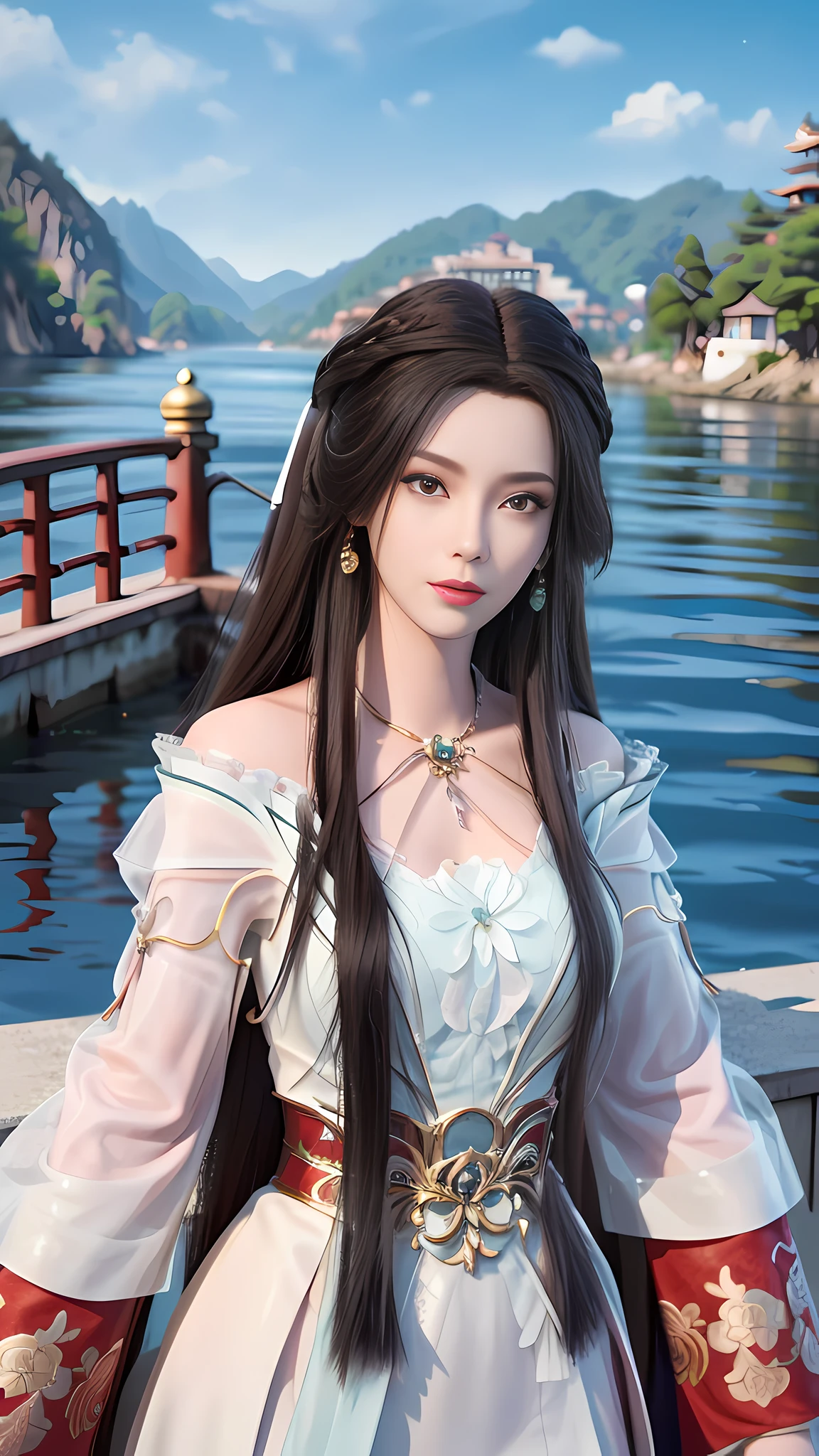 (Best Quality: 1.3, Masterpiece: 1.3), Ultra HD, (1girl, solo), atmospheric perspective, fine face, upper body, makeup, pink lips, cleft lips, shiny skin, (brown hair), extra long hair, looking in front of the audience, red eyes, earrings, small breasts, slim figure, (white silk), (((East Asian architecture, riverside, beautiful background))), perfect lighting, (frontal lighting), physical base rendering,