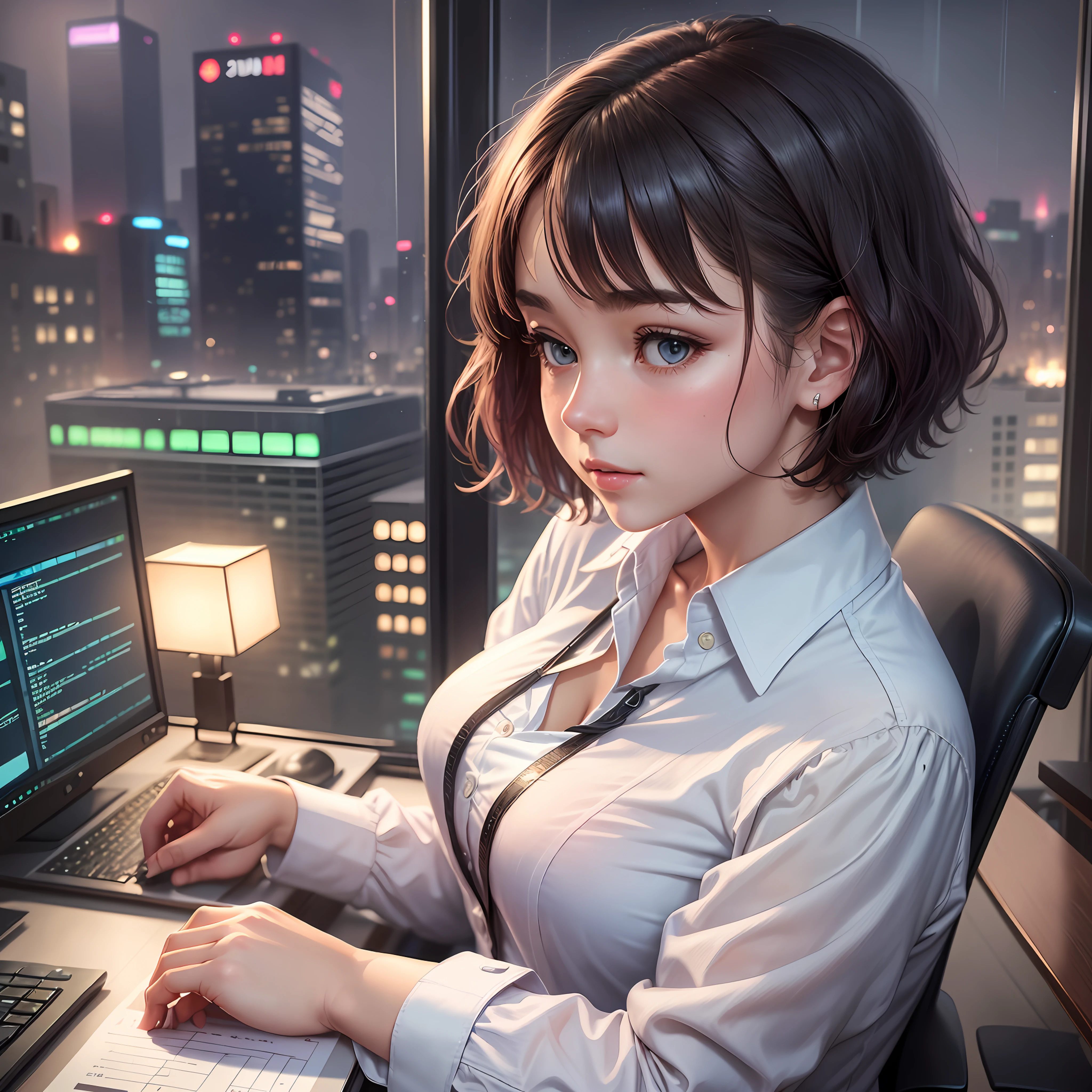 1 girl, cute, solo
Beautiful detailed sky, detailed office, night, sitting, (nose blushing) (collar shirt: 1.1), night wet, professional wear, rain, (short hair: 1.2), pureerosface v1, computer, finger details, beautiful meticulous face