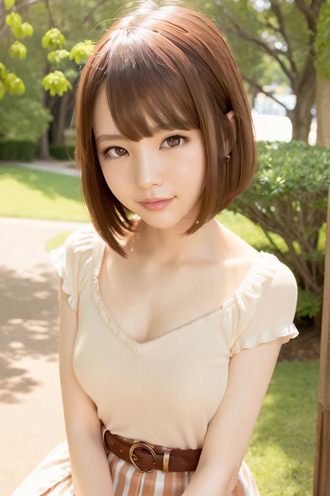 Girl 1, 26 years old, lips, lipstick, skirt, realistic, skirt, knit, (feminine), solo, standing, top quality, photorealistic, masterpiece, 8k, high resolution, solo, (female)))), (small breasts: 1), (((watching the viewer)), (looking at the camera), (short hair), (professional lighting, bokeh), highly detailed face, Fashionable and trendy atmosphere, Japan, office, park, (((day)), (portrait: 0.6), seductive smile, gorgeous floating hair, (light particles, lens flare, glowing particles: 0.6), soft lighting, brown hair, full body, thin face,
