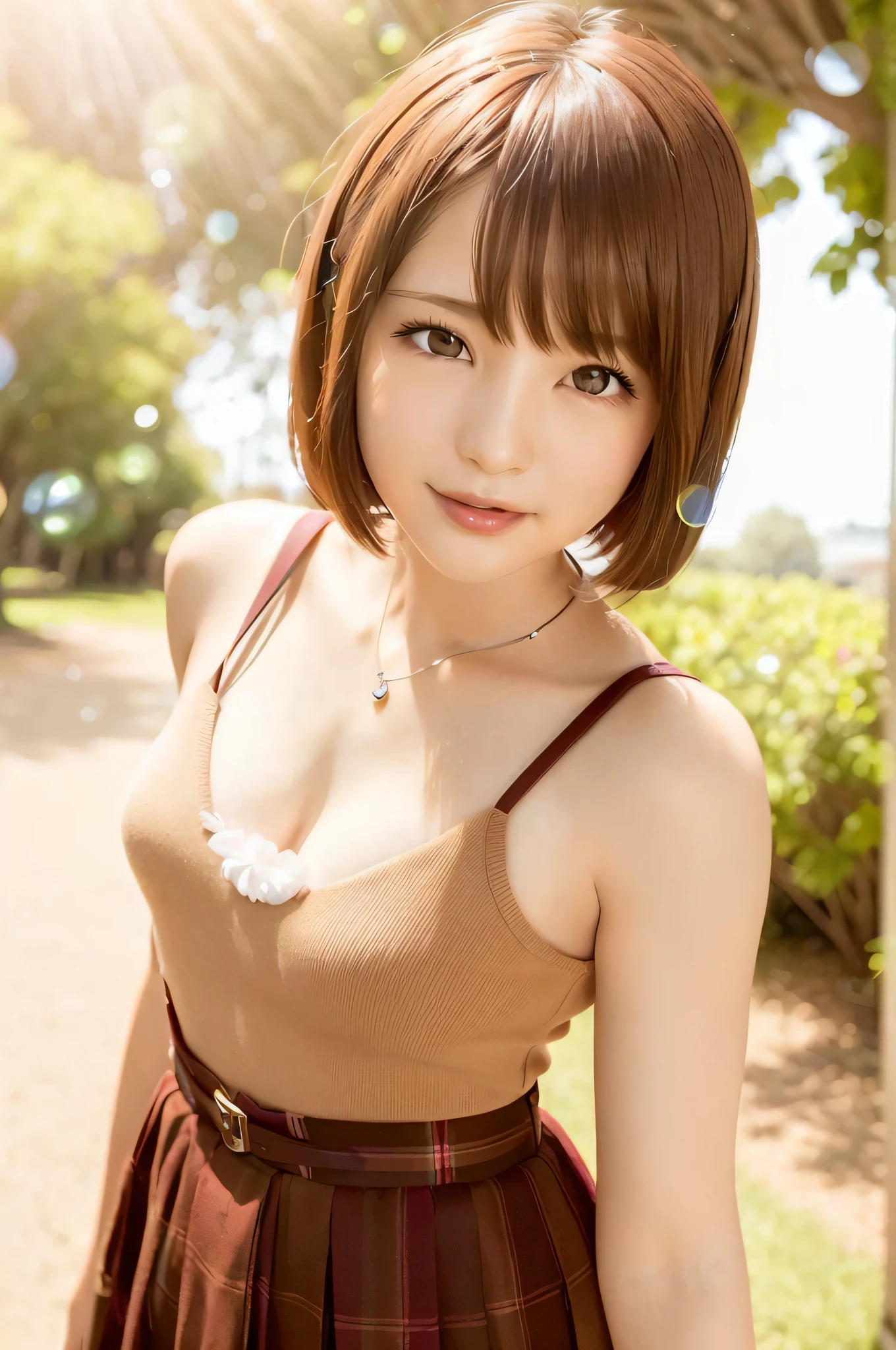 Girl 1, 26 years old, lips, lipstick, skirt, realistic, skirt, knit, (feminine), solo, standing, top quality, photorealistic, masterpiece, 8k, high resolution, solo, (female)))), (small breasts: 1), (((watching the viewer)), (looking at the camera), (short hair), (professional lighting, bokeh), highly detailed face, Fashionable and trendy atmosphere, Japan, office, park, (((day)), (portrait: 0.6), seductive smile, gorgeous floating hair, (light particles, lens flare, glowing particles: 0.6), soft lighting, brown hair, full body, thin face,