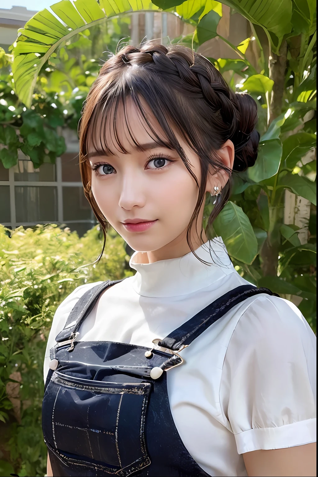 (Best Quality:1.2, 8k, photo realistic:1.4, Masterpiece:1.2, super fine :1.2, caustics:1,2, a beautiful women, Highly Detailed face Textures, detailed beauty makeup, realistic skin,  double eyelids, detailed bangs)), (((Overalls:1.2))), (greenhouse background), (kind smile), (detailed Brilliant shiny black braided bun hair),  cowboy shot