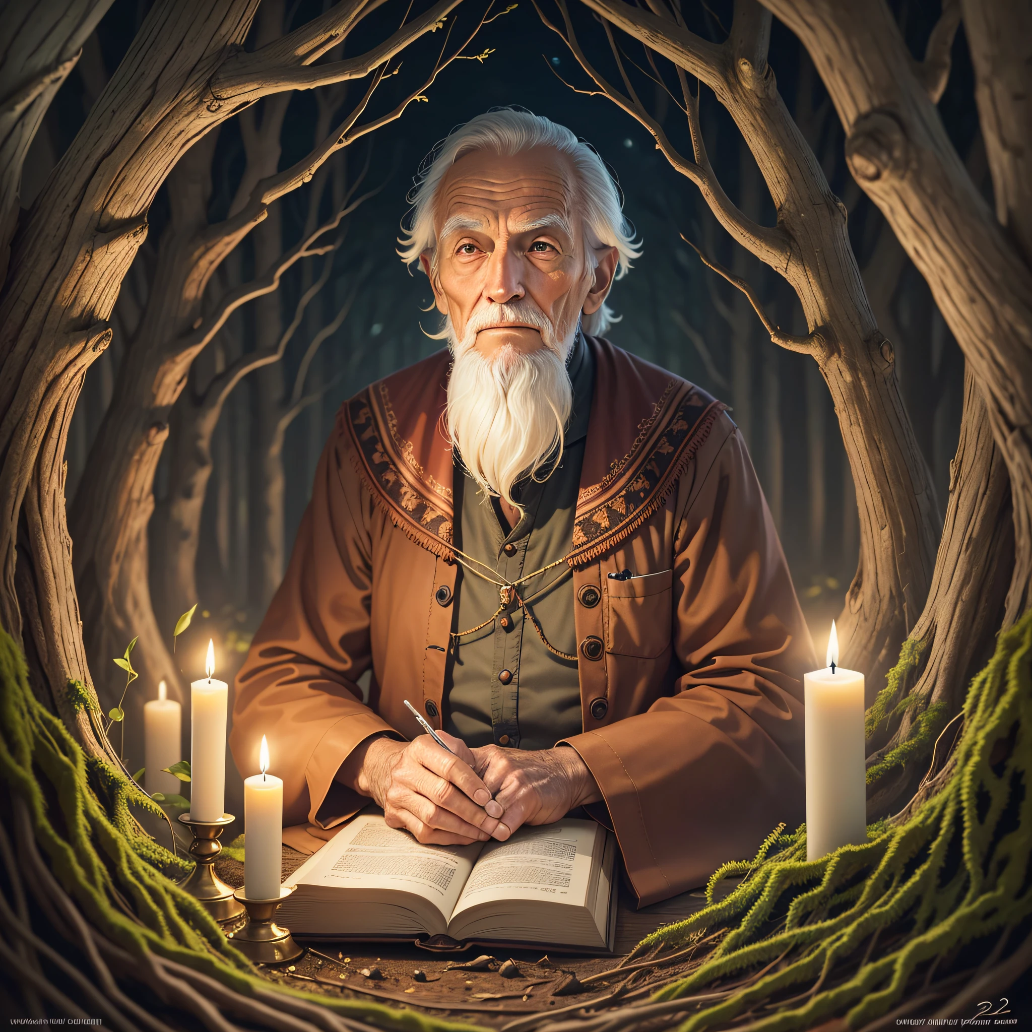 wise old man, with a candle lit, in the midst of the forest, --auto --s2