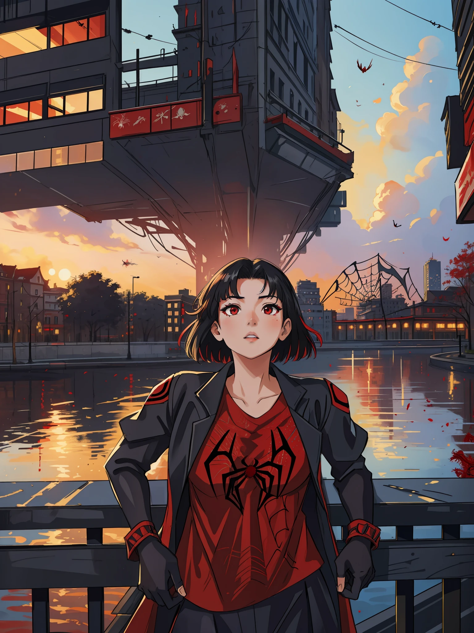 (masterpiece, best quality), intricate details, 8k, artstation, wallpaper, official art, splash art, sharp focus,
1girl, Nakiri Ayame, short hair, red eyes, black hair,
spider suit, spider web print, spider web,
skyscrappers, city, buildings, cars, street,