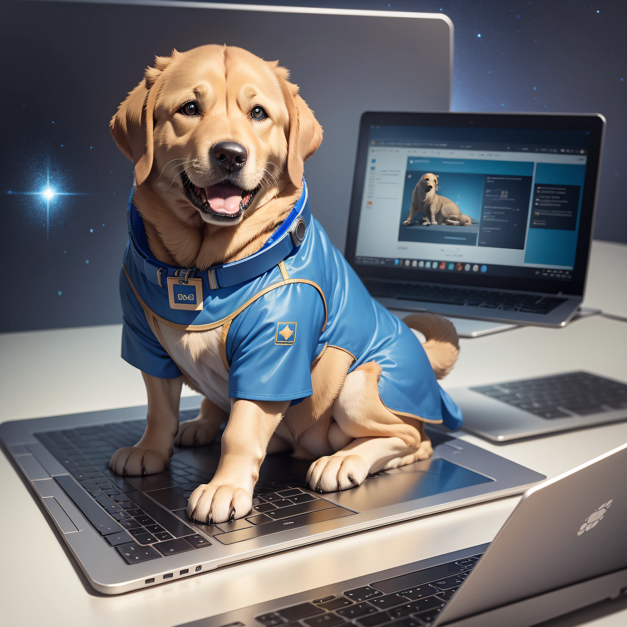 Full body happy Golden labrador dog wearing a blue spacesuit typing in a laptop looking at the camara, white background.