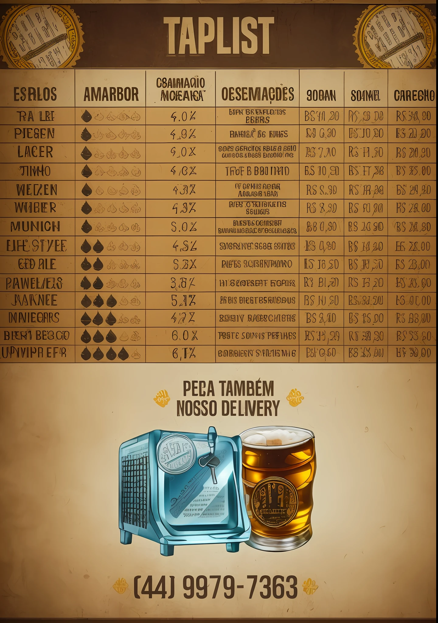 a poster with a list of the top 10 items for the table, beer, very detailed labeling, description, !!!! very coherent!!!!, “erebos’s titan, guide, ad image, ps, very accurate and detailed, ordered, gazeta, by Felipe Seade, pack, pbr, octane rende, 3 2 x 3 2, são paulo