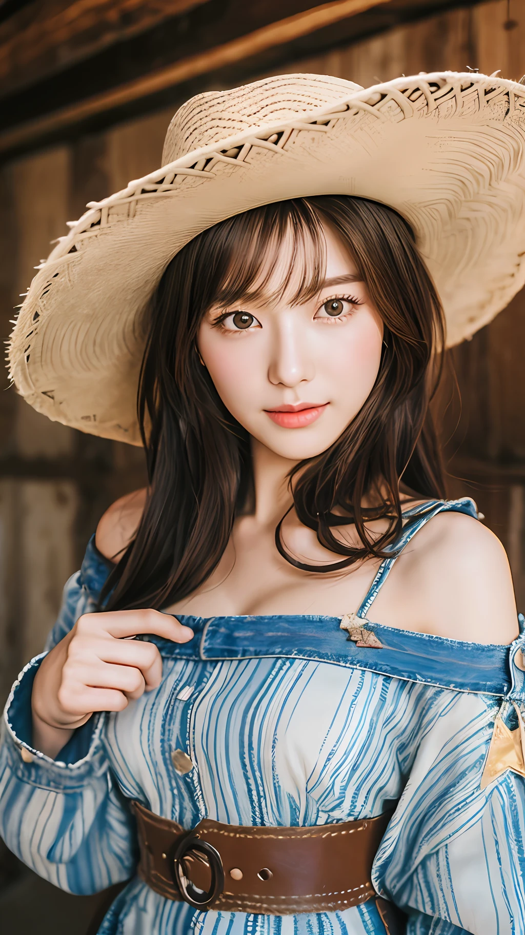 realistic photos of (1 cute Korean star) Shoulder-length hair, thin makeup, medium breasts size, slightly smile, cowboy hat, cowboy costume, in the barn, blurry foreground, Fujifilm, 85mm, f/2.8, chromatic aberration abuse, UHD, ccurate, best quality, 16k