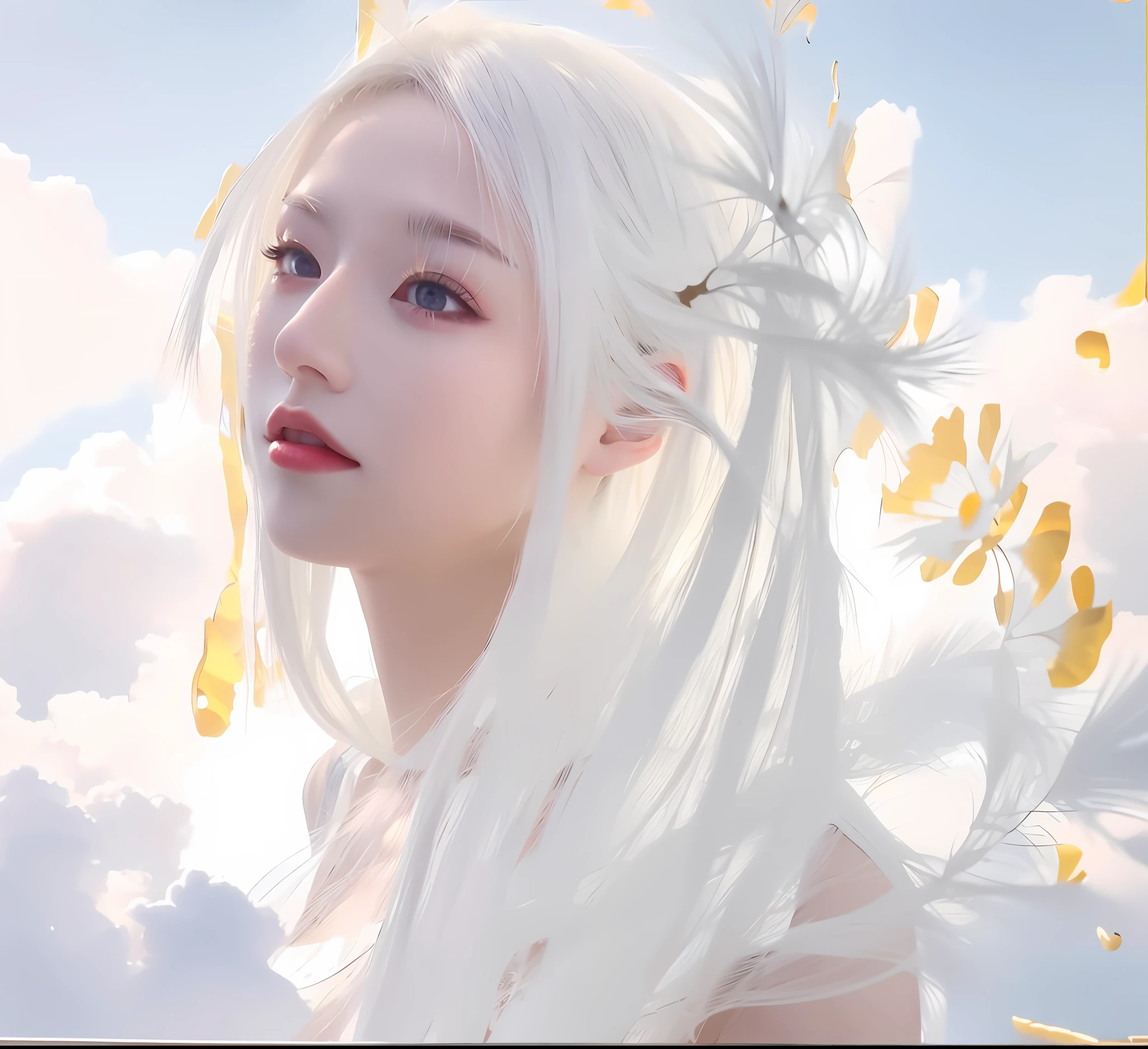 best quality, masterpiece,white hair, gold eyes,white clothes, looking up, upper body,hair strand,Fair skin,side braids