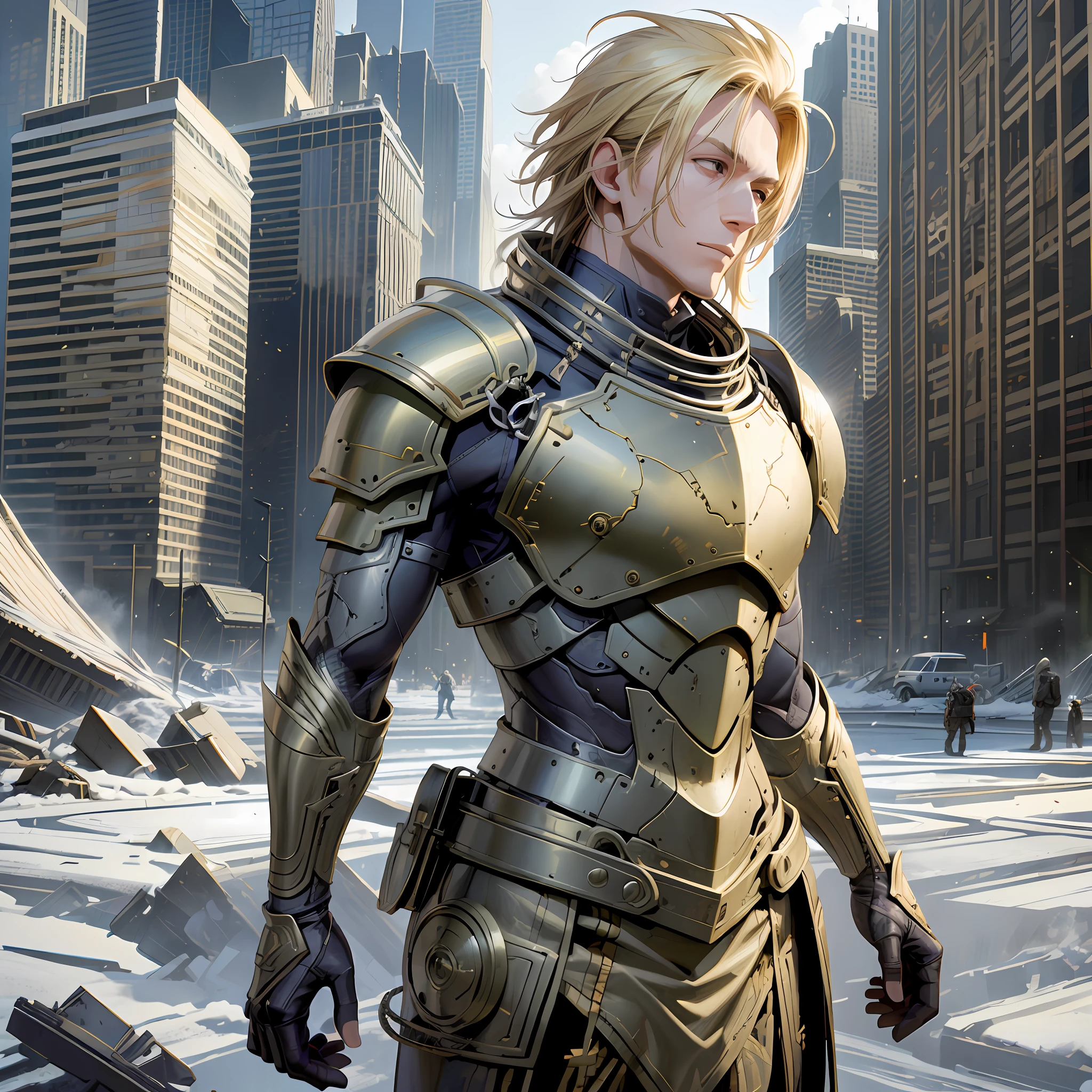 Man in tall blond armor pumped into the wreckage of the city Super realistic well detailed