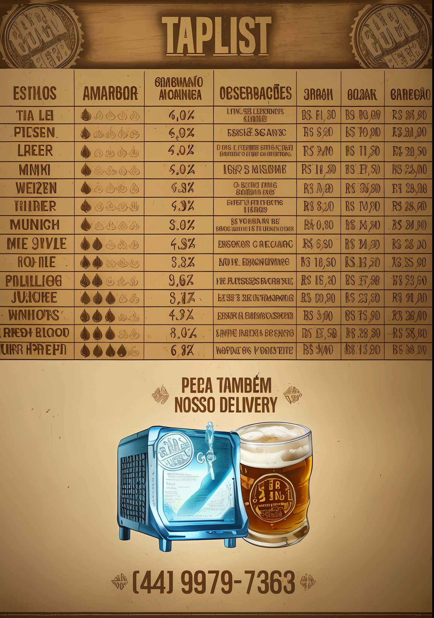 a poster with a list of the top 10 items for the table, beer, very detailed labeling, description, !!!! very coherent!!!!, “erebos’s titan, guide, ad image, ps, very accurate and detailed, ordered, gazeta, by Felipe Seade, pack, pbr, octane rende, 3 2 x 3 2, são paulo
