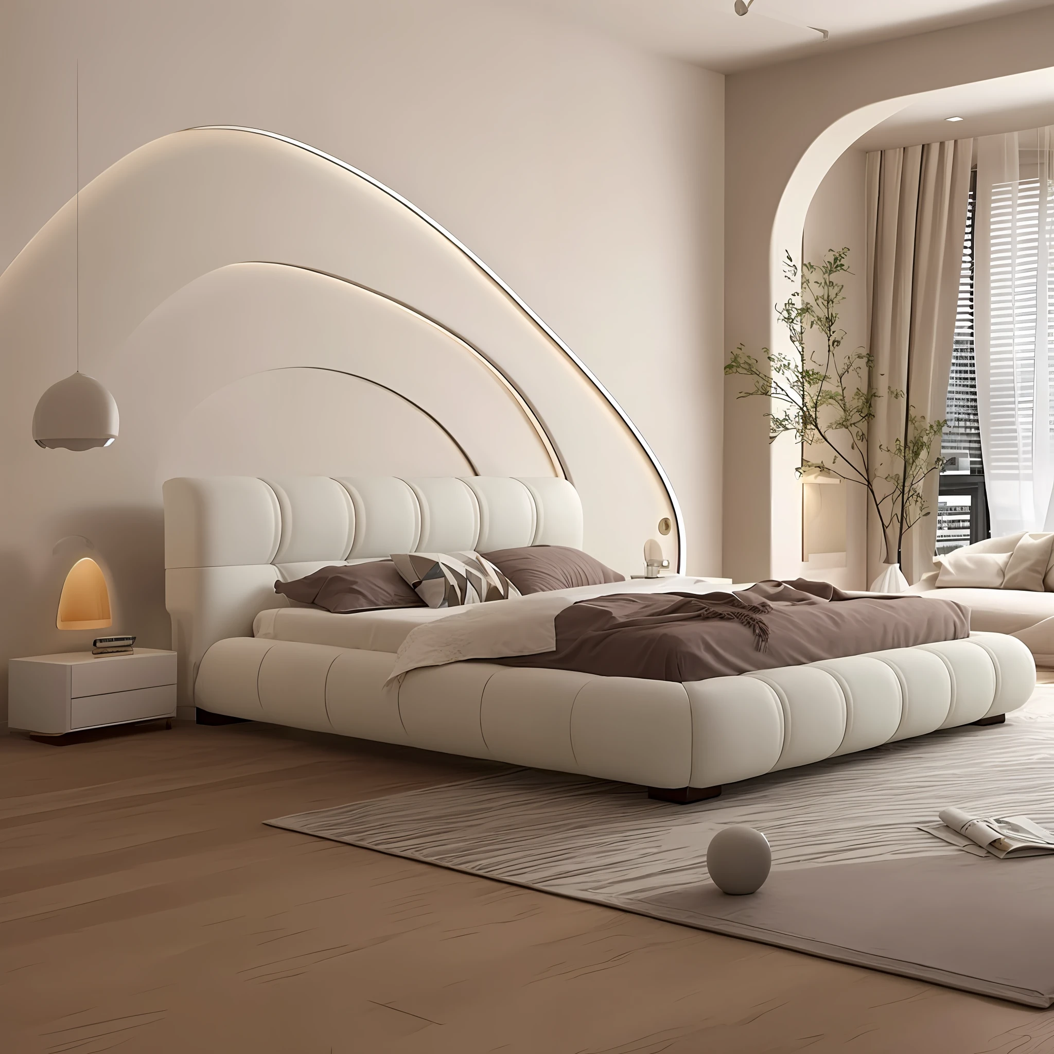 arafed bedroom with a bed and a couch in it, bed room, serene bedroom setting, white bed, in a bedroom, un made bed, large comfy bed, futuristic design, bed, designer furniture, with backdrop of natural light, futuristic decor, in a bedroom!!!!!!!!!!!!!!!!!!!!, serene and peaceful style, natural light in room, luxury furniture