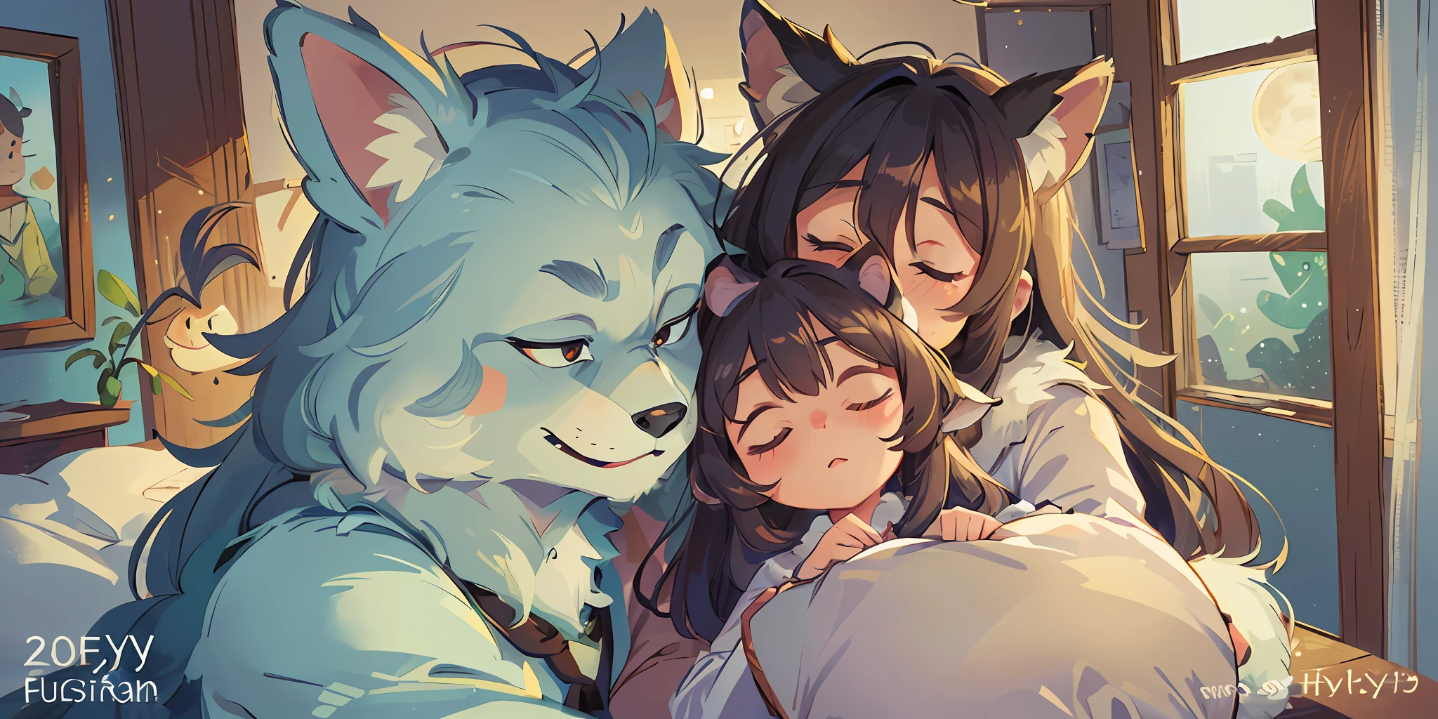 Top quality, family photo, picture book cover like (bedroom, full moon visible from window) (very detailed beautiful face and eyes) Perfect anatomy (beastman, pajamas, happily sleeping family, hugging and kissing on the cheek) (furry antro: 1.2) (animal facial features of furry body) (animal muzzle very detailed fur) portrait, smile ( Dynamic Pose),