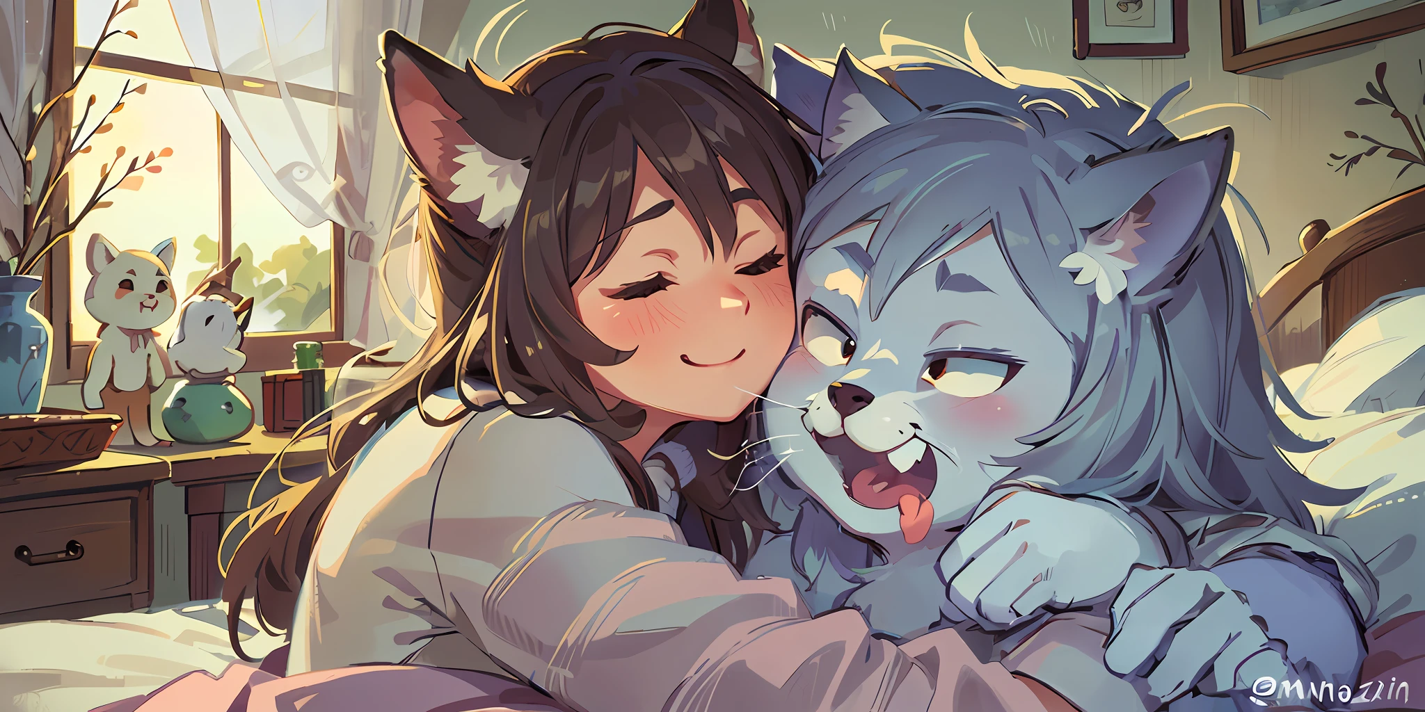 Top quality, family photo, picture book cover like (bedroom, full moon visible from window) (very detailed beautiful face and eyes) Perfect anatomy (beastman, pajamas, happily sleeping family, hugging and kissing on the cheek) (furry antro: 1.2) (animal facial features of furry body) (animal muzzle very detailed fur) portrait, smile ( Dynamic Pose),