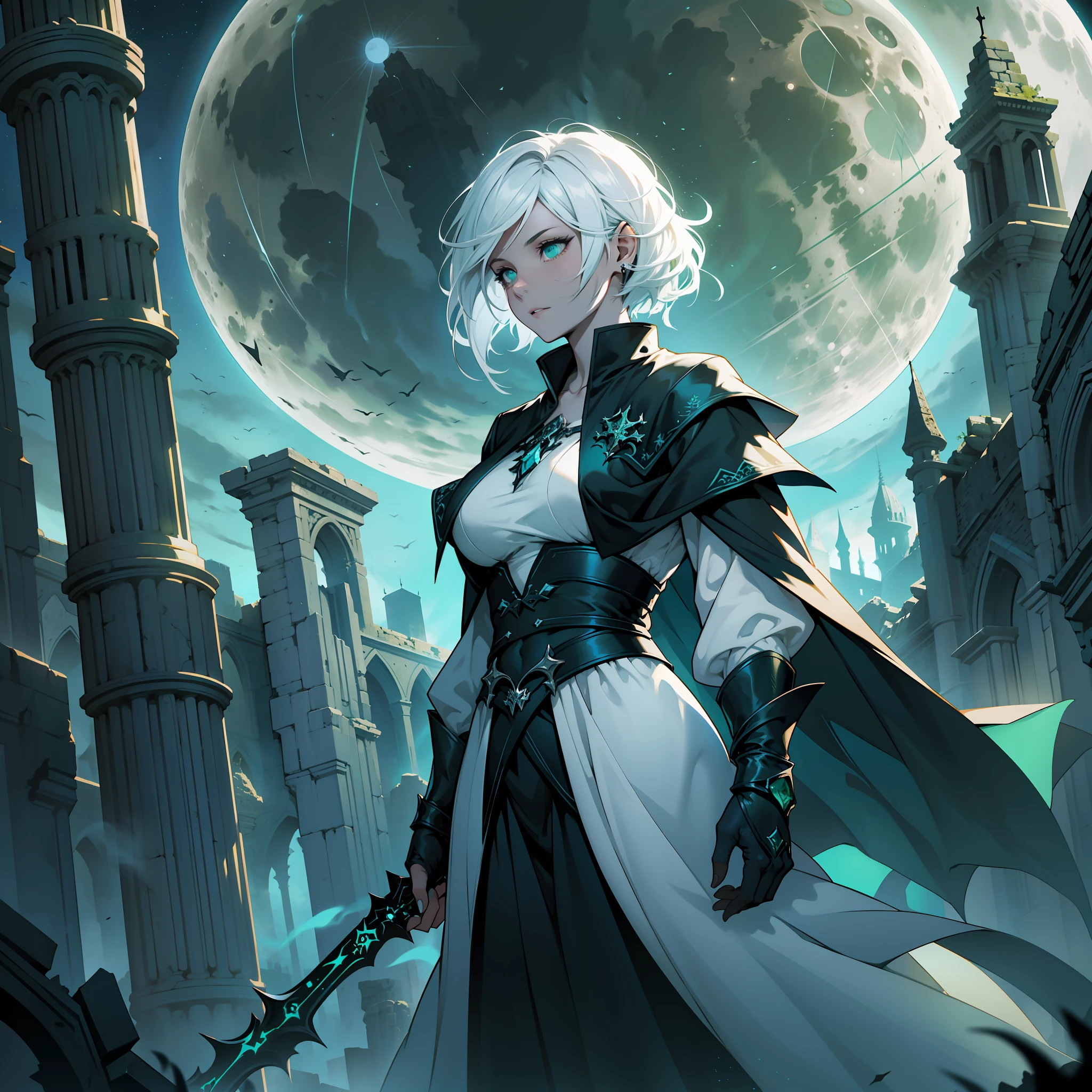 white pixie hair, sillhouete of this woman Floating, wearing dark long necromancer robes with green details, huge full moon backdrop, moon presence, night sky, medieval city ruins below