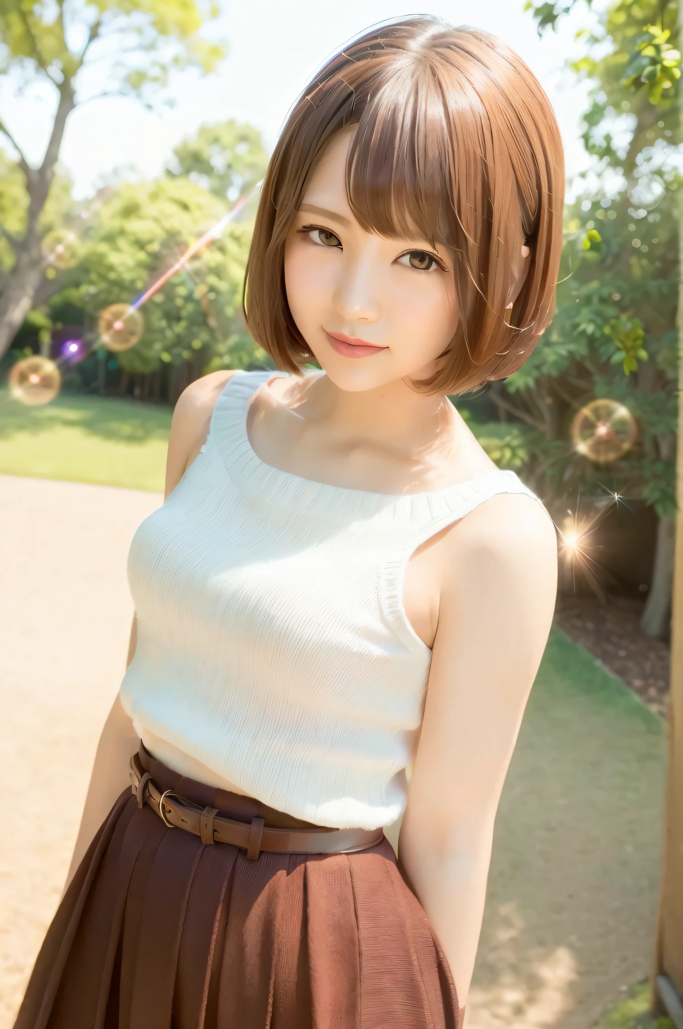 Girl 1, 26 years old, lips, lipstick, skirt, realistic, skirt, knit, (OL), solo, standing, top quality, photorealistic, masterpiece, 8k, high resolution, solo, (female)))), (small breasts: 1), (((watching the viewer)), (looking at the camera), (short hair), (professional lighting, bokeh), highly detailed face, Fashionable and trendy atmosphere, Japan, (office coordination), park, (((day)), (portrait: 0.6), seductive smile, gorgeous floating hair, (light particles, lens flare, glowing particles: 0.6), soft lighting, brown hair, full body, thin face,