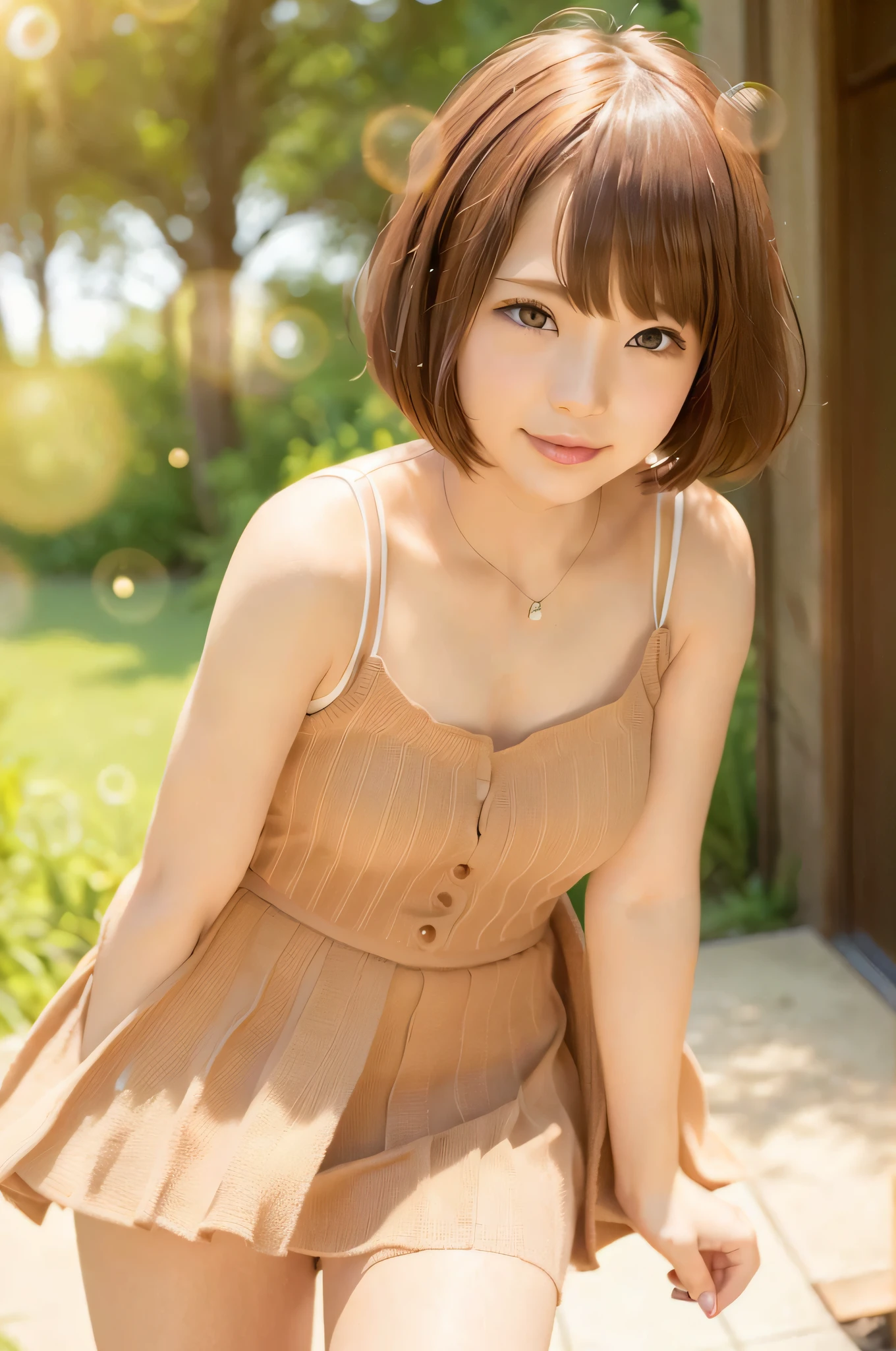 Girl 1, 26 years old, lips, lipstick, skirt, realistic, skirt, knit, (OL), solo, standing, top quality, photorealistic, masterpiece, 8k, high resolution, solo, (female)))), (small breasts: 1), (((watching the viewer)), (looking at the camera), (short hair), (professional lighting, bokeh), highly detailed face, Fashionable and trendy atmosphere, Japan, (office coordination), park, (((day)), (portrait: 0.6), seductive smile, gorgeous floating hair, (light particles, lens flare, glowing particles: 0.6), soft lighting, brown hair, full body, thin face,