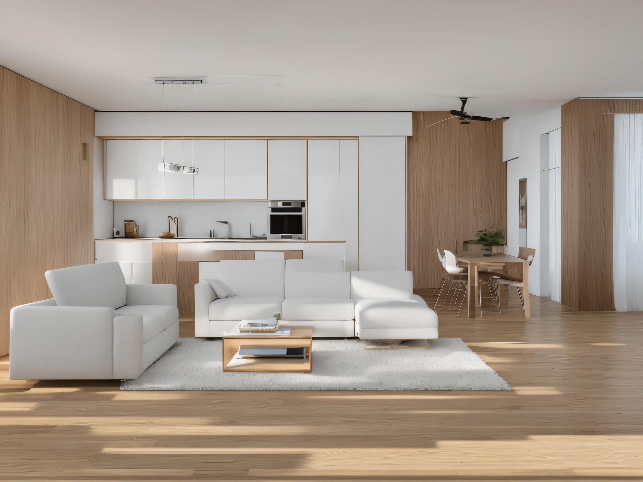 Beautiful modern living room beside Red ACRYLIC kitchen cabinet,White sofa,with minimal pictures on the wall, linen curtain beside the class window, Black coffee table, modern wood,ceiling with magnetic emissive lighting, brown fabric PRB textures, Wood floor PRB texture, indoor 16k HDRi, lens flare ceiling lighting, very clean atmosphere(masterpiece),(high quality),real,(realistic)super detailed, (full detail),(4k),8k, interior living room,room white,Clear atmospheres,clean air,no fog,clean,clear,indoor lighting,ceiling lighting lens flare, no water mark,no letters,Realistic,Relaistic,clean,bright indoor lighting