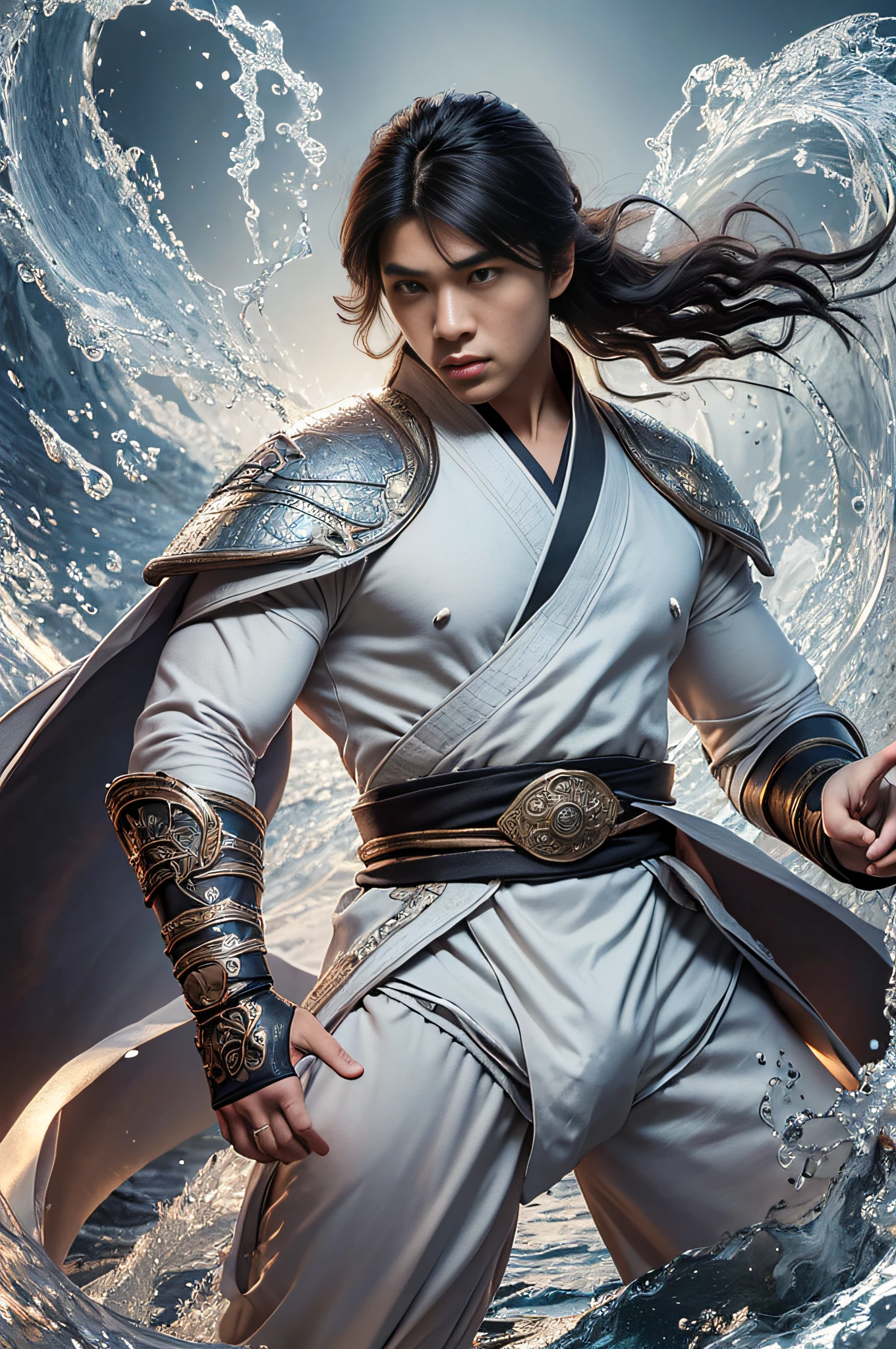 Best quality, masterpiece, super high resolution, hanfu, jade water book, black hair, water, waves, crashing waves, spells, fa gong, (absurd, high resolution, super detailed), Asian, 1 male, eighteen-year-old boy, handsome, tall muscular man, broad shoulders, very short hair, bottom cut, dark brown eyes, fine eyes and detailed face, extremely detailed CG Unity 8k wallpaper, intricate details, (Style Swirl Magic: 0.7), Looking at the Audience, Solo, (Full Body: 0.6), Detailed Background, Detailed Face, (European Medieval Fantasy Theme: 1.1), Hair Fluttering in the Wind, Martial Artist, Dynamic Pose, Combat Stance, Clenched Fists, Fingerless Gauntlet, Wristband, Dragon-themed Costume, Monk Robe, Rotating Floating Particles, Dynamic Composition, Upper Body Naked, Big Muscles, White Rubber Pants, ((((Crotch Bulge)))