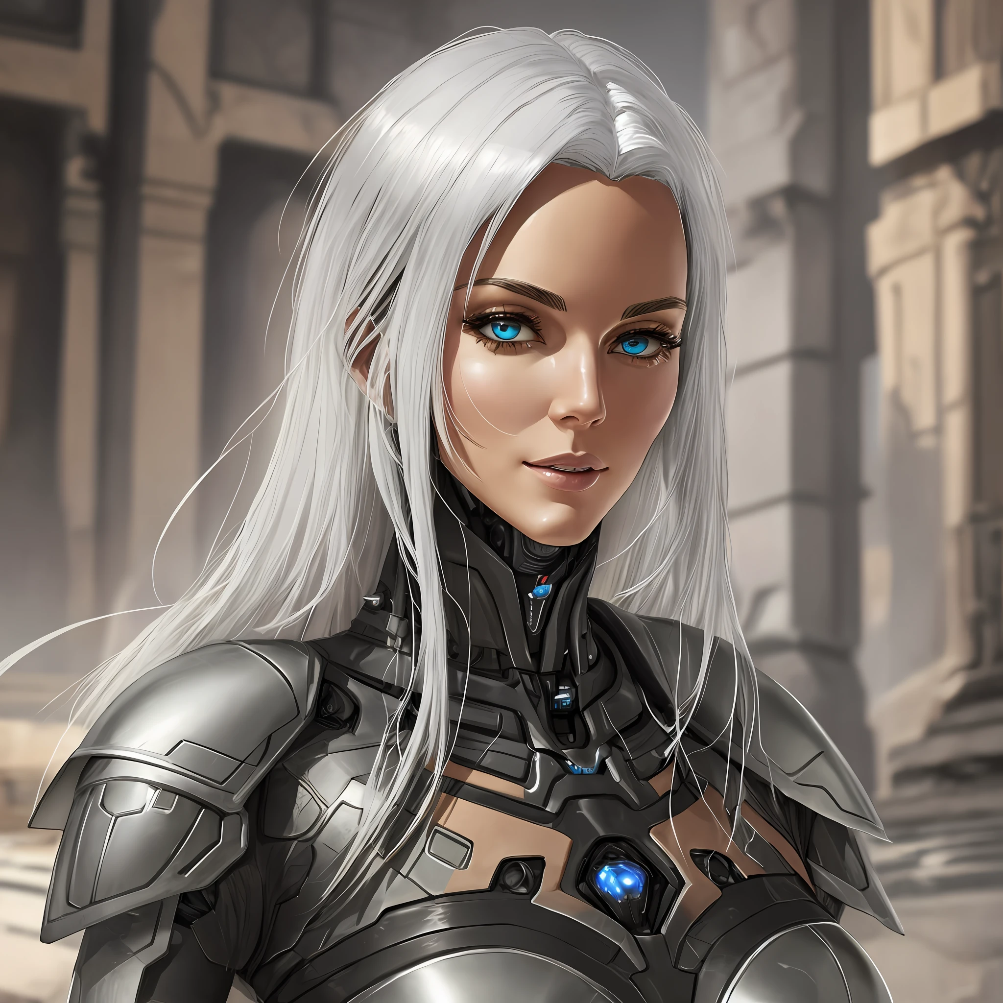Beautiful tall woman with robotic armor with super realistic and well detailed white hair