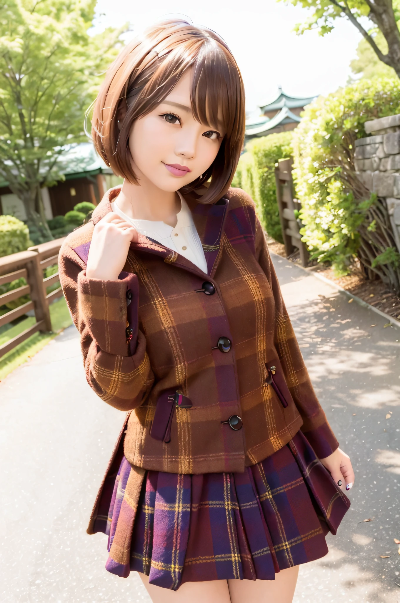 1 girl, (22 years old), (college girl), coat, hood, jacket, duffel coat, lips, lipstick, plaid, plaid_skirt, real, skirt, solo, standing, best quality, photorealistic, masterpiece, 8k, high definition, solo, (female))), (medium-breasted), ((see viewer)), (look at camera), (short hair), ( Professional lighting, bokeh),Top angle view, Highly detailed face, Fashionable and trendy atmosphere, Japan, Street, (Daytime)), (Portrait:0.6), Seductive smile, gorgeous, floating hair, (light particles, lens flares, glowing particles: 0.6), (Dynamic pose: 1.2), soft lighting, brown hair, full body, narrow face, smile, Suzumura, Japan person