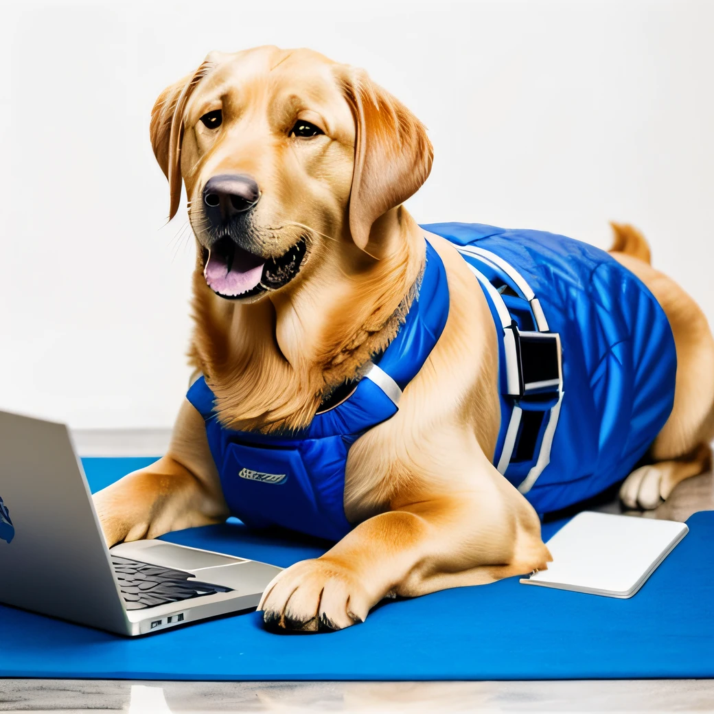 Full body of a happy Golden labrador dog wearing a blue spacesuit typing in a laptop looking at the camara, white background.