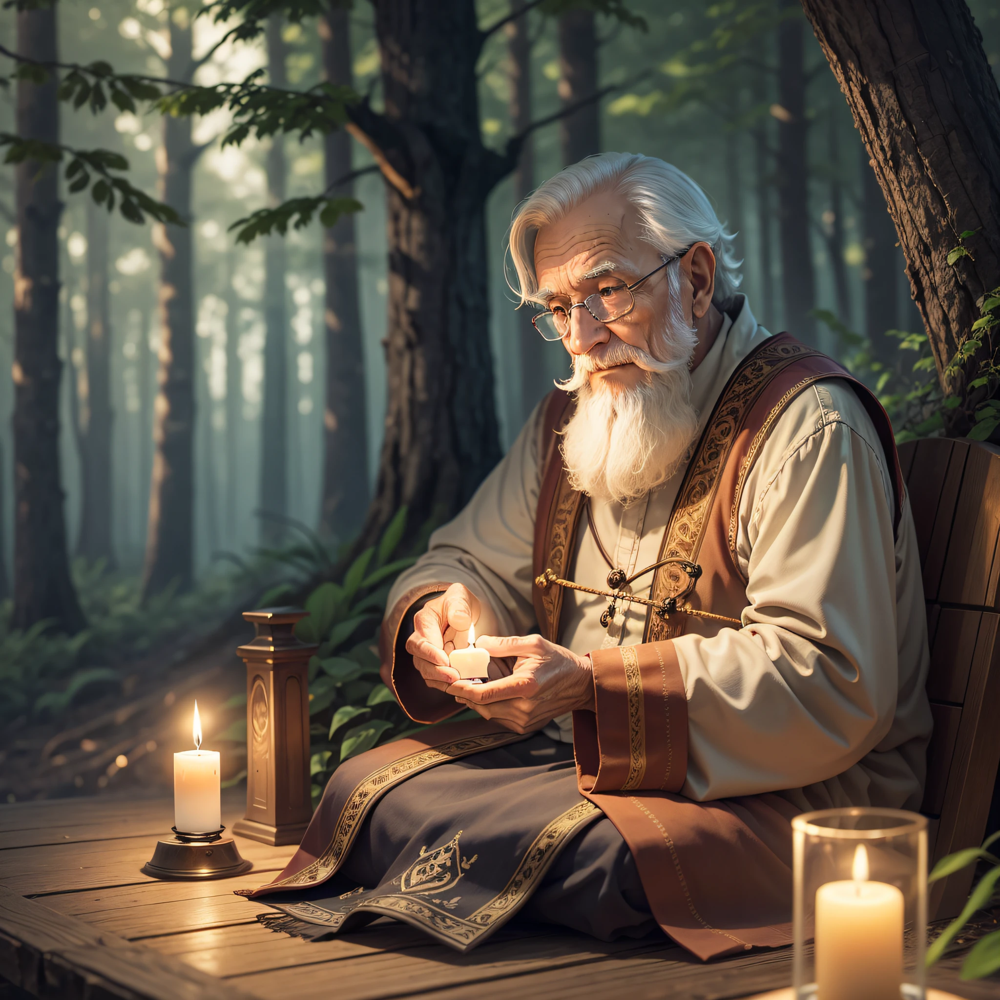 wise old man, with a candle lit, in the midst of the forest, --auto --s2