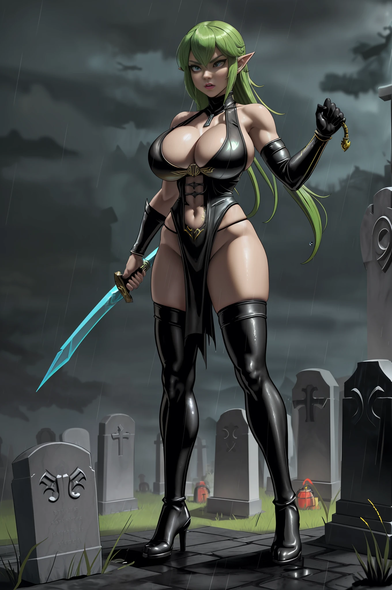 (full body image:1.5), 1Princess Zelda,standing, (large breasts:2), (she's wearing the Mortal Kombat Scorpion costume+black costume+yellow parts:1.3), (she's inside a graveyard tonight, raining very hard:1.5), (she's got blue eyes:1.2),( she's got short green hair:1.2), she's looking at the viewer, holding a Katana, attached to a chain, she's nervous, Eye-Level Shot, Mortal Kombat Style, 16k, best quality, high detail, UHD, masterpiece, anatomically correct