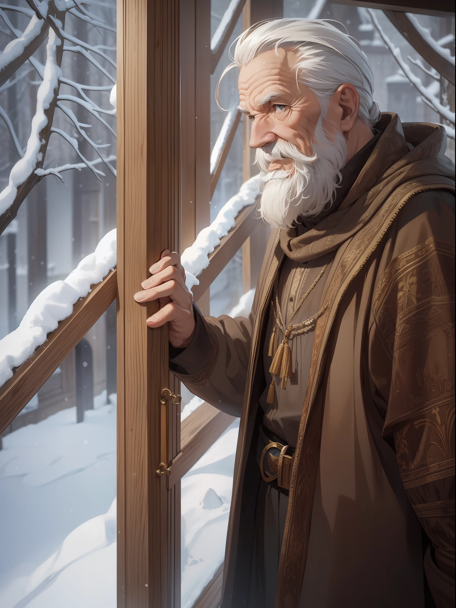 Create a wise and old man an elder of a temple he is in a room made of wood in a medieval environment through the window in the background of the image we can see that it is winter with the snow outside