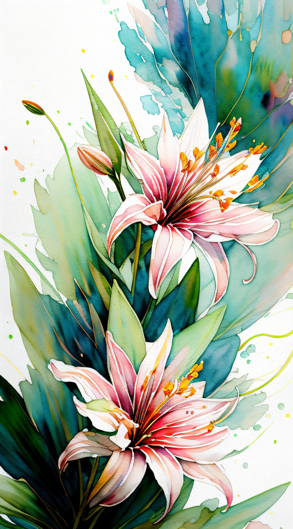 wtrcolor style, digital art of (lilies), official art, blown by the wind, masterpiece, beautiful, ((watercolor)), paint splatter, intricate details. Great detail, [dripping:0.5], trending on Artstation, Rachel Walker