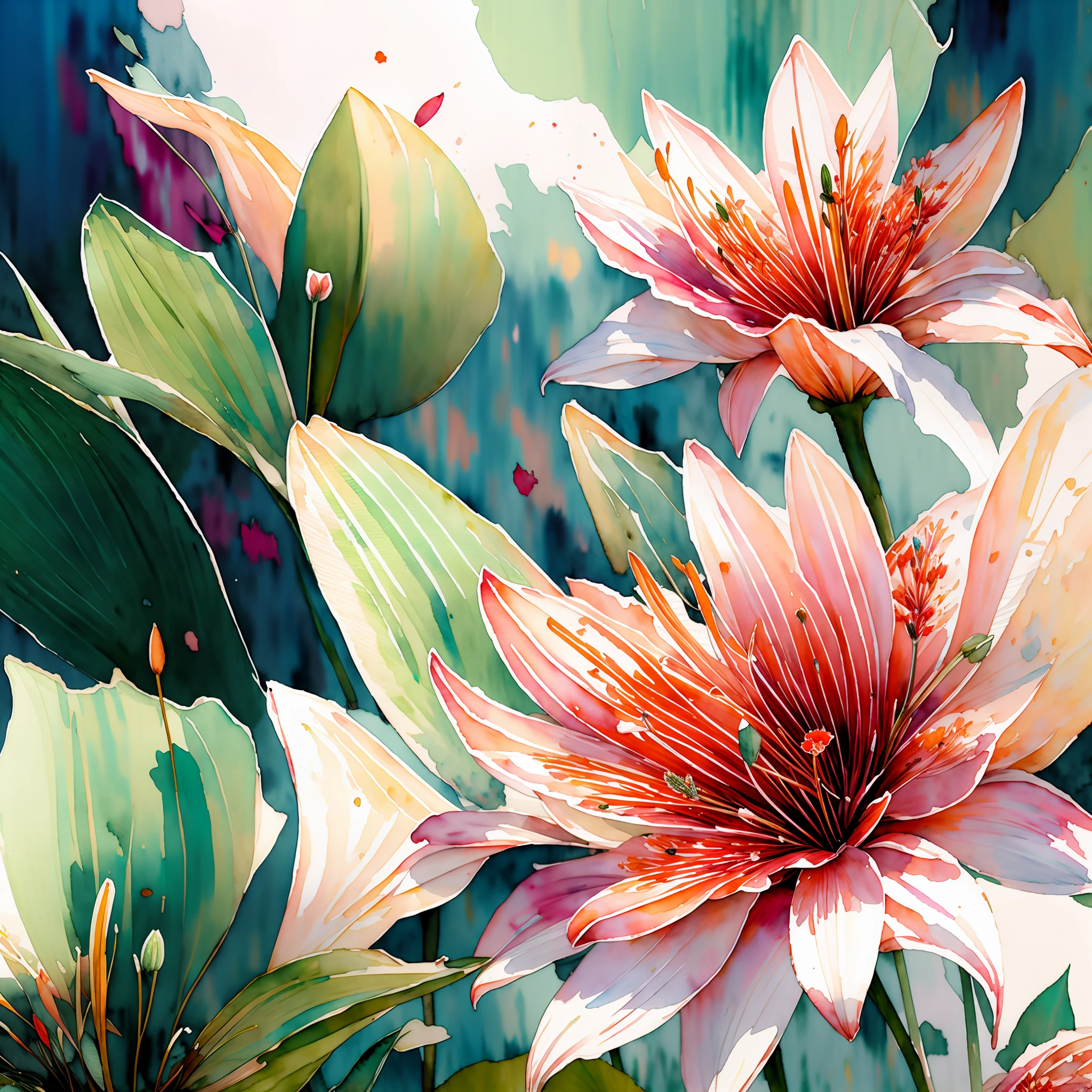 wtrcolor style, digital art of (lilies), official art, blown by the wind, masterpiece, beautiful, ((watercolor)), paint splatter, intricate details. Great detail, [dripping:0.5], trending on Artstation, Rachel Walker