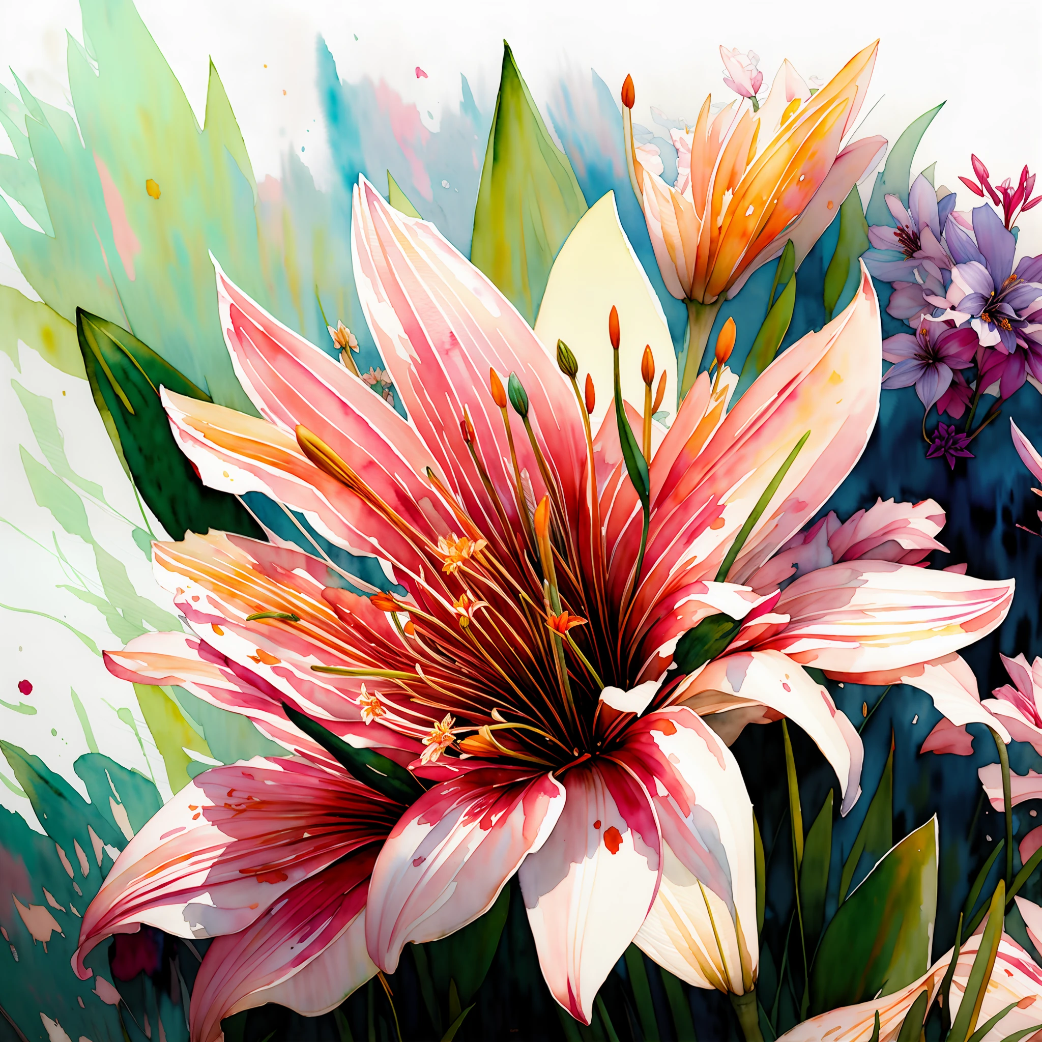 wtrcolor style, digital art of (lilies), official art, blown by the wind, masterpiece, beautiful, ((watercolor)), paint splatter, intricate details. Great detail, [dripping:0.5], trending on Artstation, Rachel Walker