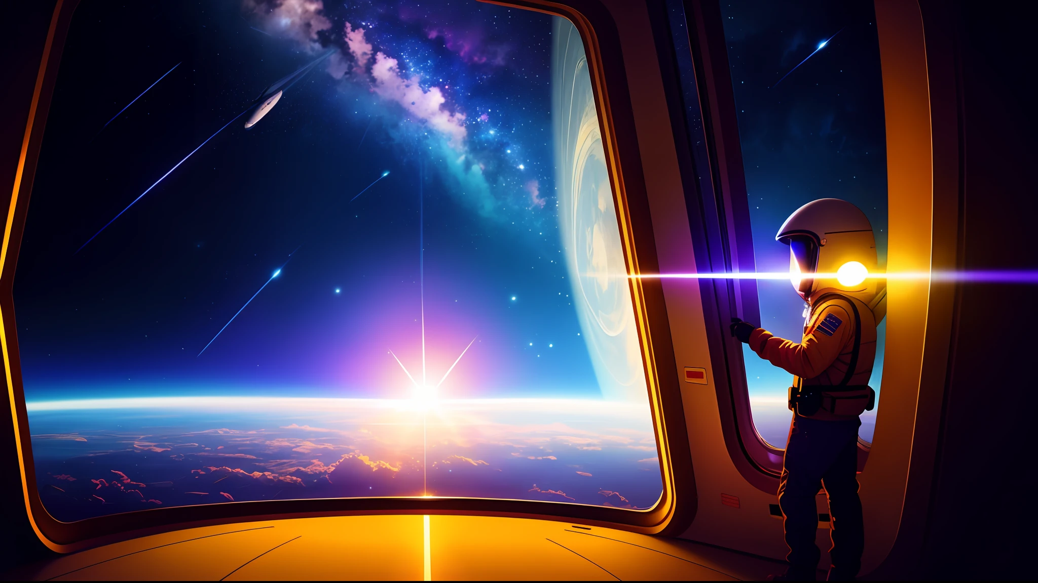 atmospheric illustration of a space traveler in a spaceship looking through the window, seeing the universe filled with stars, spaceship hallway with lighting