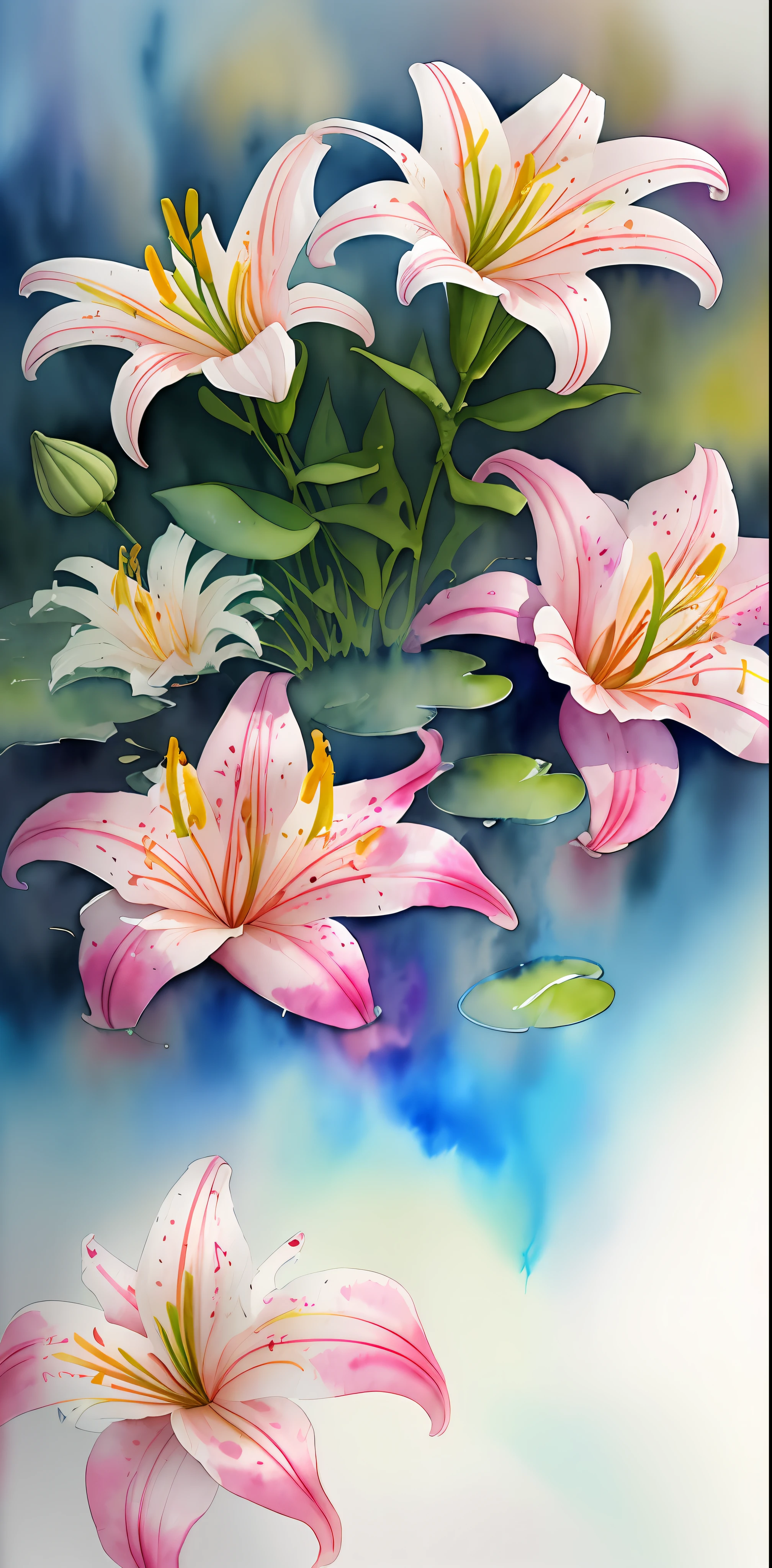 wtrcolor style, digital art of (lilies), official art, blown by the wind, masterpiece, beautiful, ((watercolor)), paint splatter, intricate details. Great detail, [dripping:0.5], trending on Artstation, Rachel Walker