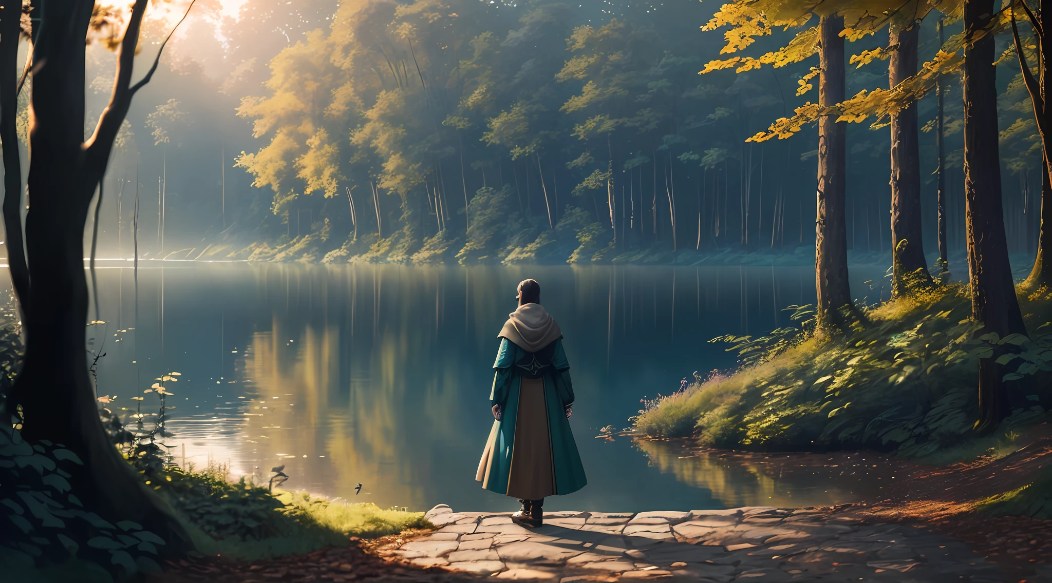 A dense forest with a lake in the middle, several people standing by the lake, the middle one wearing a black cloak, sunset, (dark shot: 1.1), epic realism, halo portrait, sunglasses, by Greg Rutkowski, by Greg Tocchini, by James Gilleard, by Joe Fenton, by Kaethe Butcher, by Greg Rutkowski and Artgerm's artwork, soft cinematic light, adobe lightroom, photolab, HDR, intricate, very detailed, (depth of field: 1.4), faded, (neutral: 1.2), (HDR: 1.4), (Pastel Colors: 1.2), Ultra Detail, (ArtStation: 1.4), Film, Warm Light, Dramatic Light, (Intricate Details: 1.1), (Rutkowski: 0.66), (Teal and Orange: 0.4)