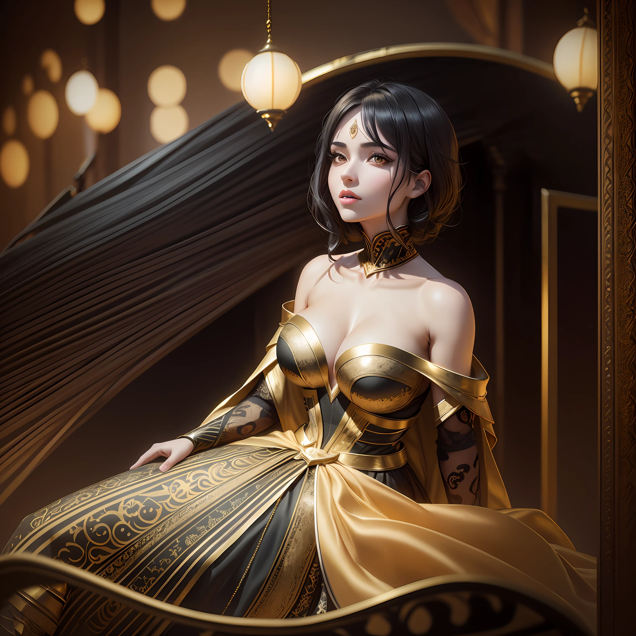 ((Best quality)) a beautiful woman with black dresses [ black dresses with golden parts ] and short black hair (with golden strands), golden eyes, pale skin, whitish skin, sexy body, big boobs, sitting on a throne, night lighting, location: castle, HDR (High Dynamic Range),Anisotropic filtering, Depth of field, Maximum clarity and sharpness, Multilayer textures, and specular maps,  Surface shading, Accurate simulation of light-material interaction, Perfect proportions, Two-tone lighting,Wide aperture,Low ISO,White balance,Rule of thirds,