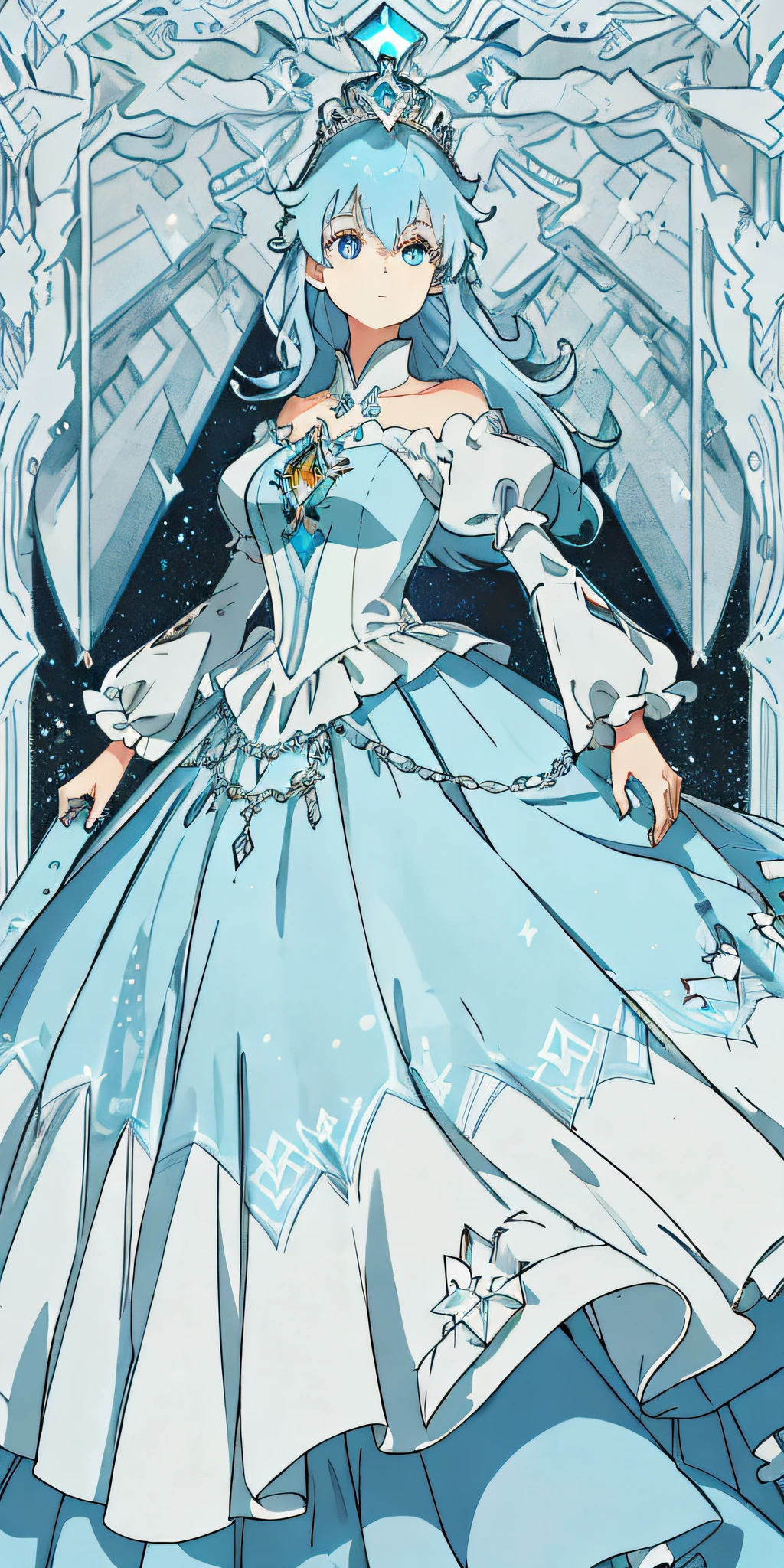 Masterpiece, best quality, highest quality, 1 girl, light blue hair, princess cut, hair on the eyes, beautiful eyes, gorgeous princess dress, magic, dominant, fair skin, looking at the audience