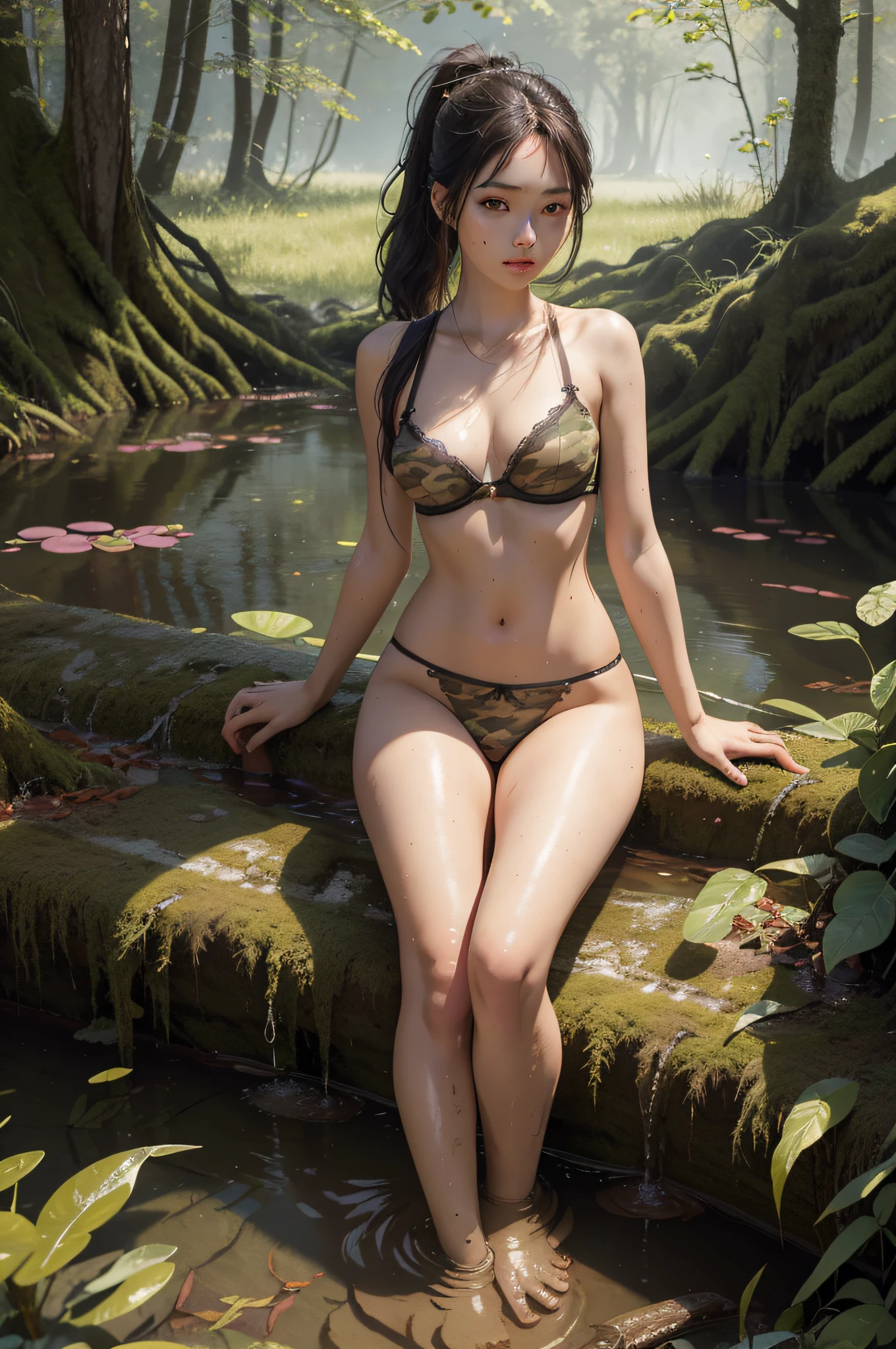 nsfw: 1.5, masterpiece, highest quality, high quality, high resolution, high quality textures, high quality shadows, high detail, beautiful detail, detailed detail, highly detailed CG, detailed texture, realistic representation of face, realistic, colorful, delicate, (realistic, photorealistic: 1.37), highly detailed CG Unity 8k wallpaper, absurd, incredibly absurd, full body, Bathing woman, 24 years old, Japan model, cinematic light, side light, lens flare, ray tracing, (intricate details, makeup, PureErosFace_V1:0.5), (small breasts), (the tip shape of the is clearly visible), (areola shape is clearly visible), (pubic shape is clearly visible), (bristly pubic hair), (see-through lingerie) , (high-cut panties), (T-back panties), (minibra), (camouflage lingerie: 1.5), (Japan people), (detailed and beautiful delicate face), detailed and beautiful and delicate eyes, face with perfect proportions, highly detailed skin, detailed skin, up to four fingers and one thumb relationship, arms under the chest, wide hips, smooth abdomen, thin, forest, swamp, (deep swamp))), nature ((Woman bathing in the swamp: 1.4)), ((Water plants filling her feet)), (Muddy)), ((Dirty swamp: 1.5)), Swamp with many water plants, good condition, (Full body angle), ((Ponytail))