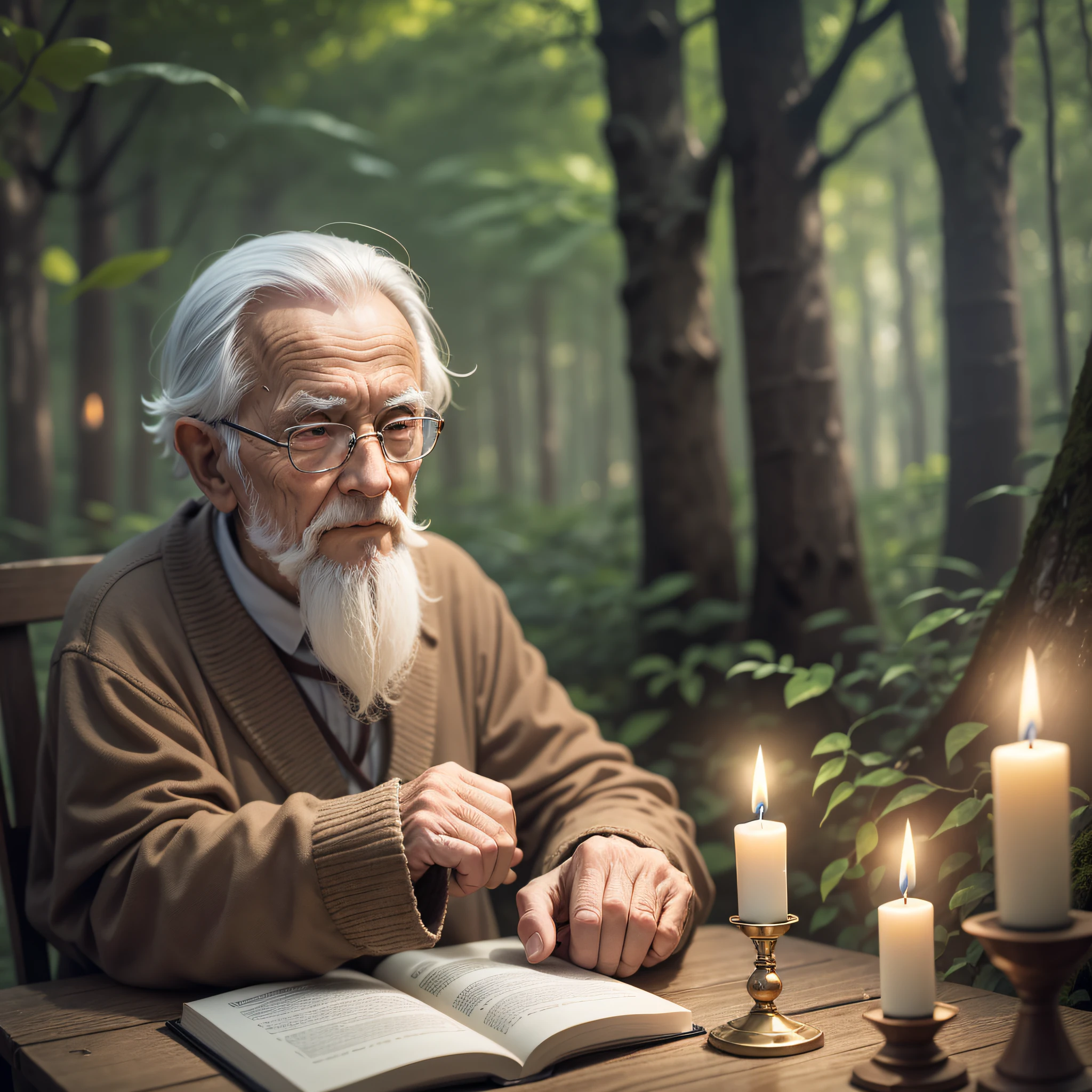 wise old man, with a candle lit, in the midst of the forest, --auto --s2