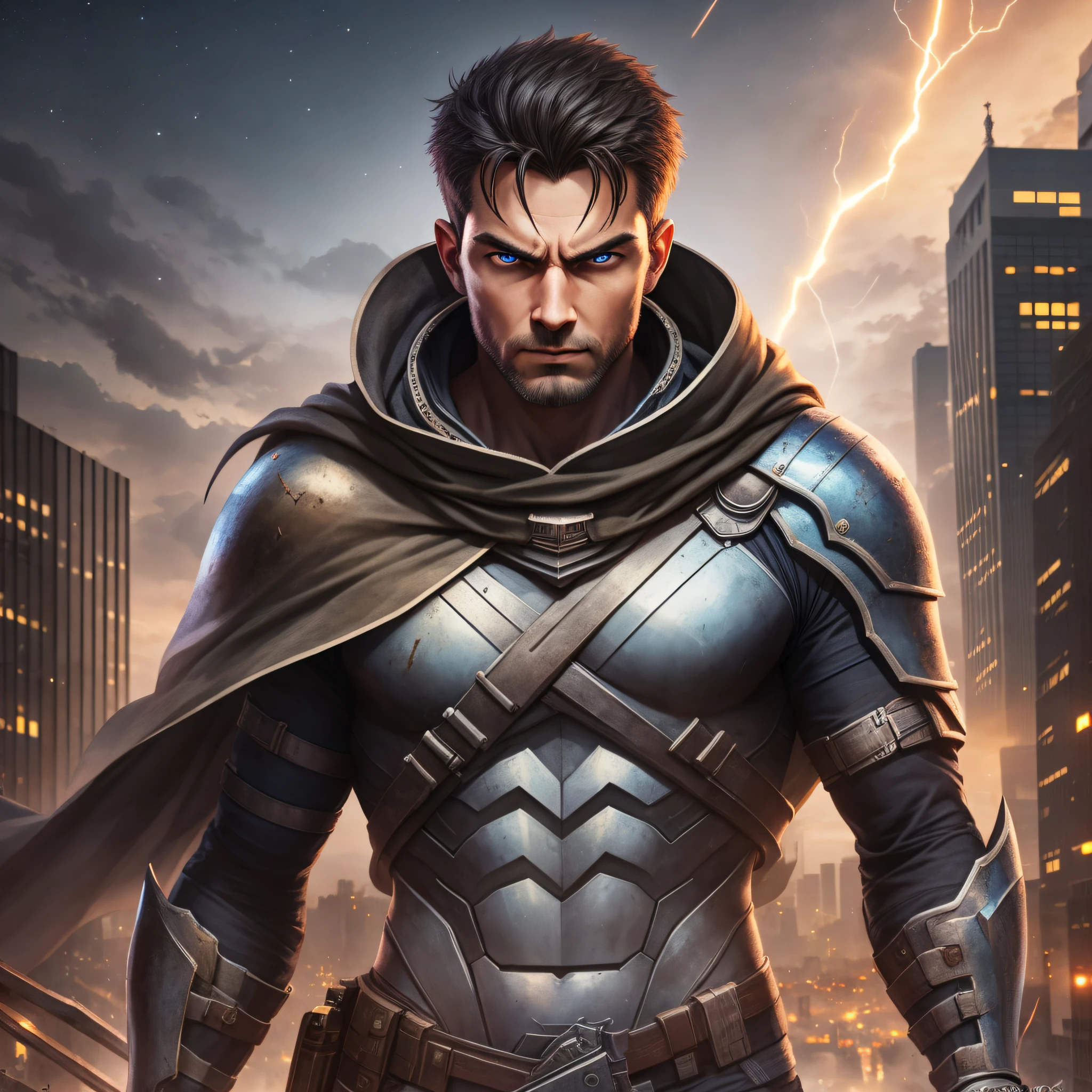 hero with cape, hyper realistic image, front view, male focus, highest quality digital art, apocalyptic scenery, night lights, front lighting --auto --s2