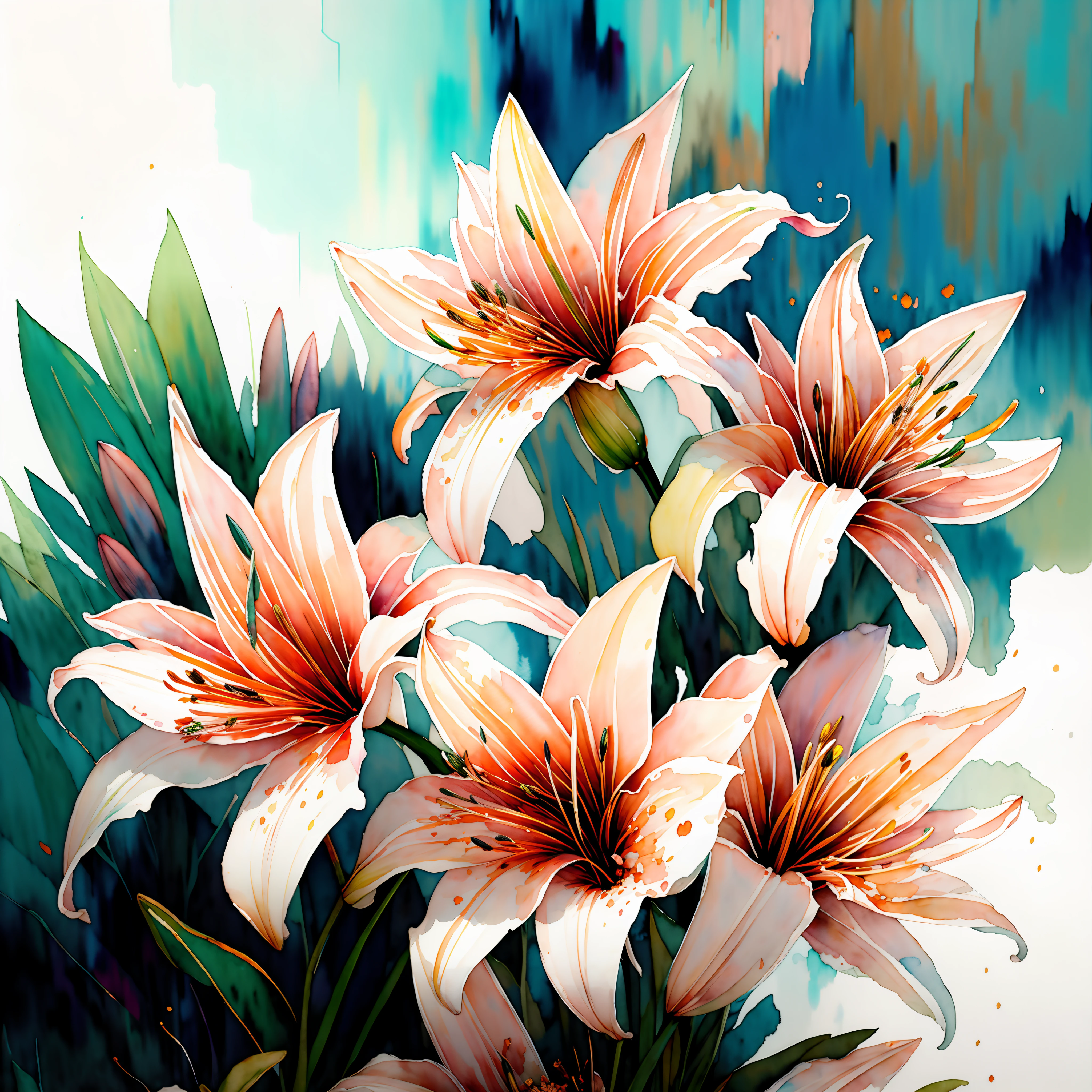 wtrcolor style, digital art of (lilies), official art, blown by the wind, masterpiece, beautiful, ((watercolor)), paint splatter, intricate details. Great detail, [dripping:0.5], trending on Artstation, Rachel Walker