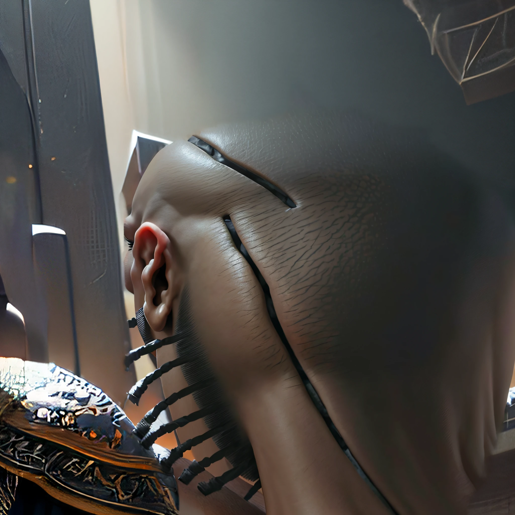extreme closeup of back of the head of a bald black man, back of the neck and head of a bald black man, (((head and neck only)))