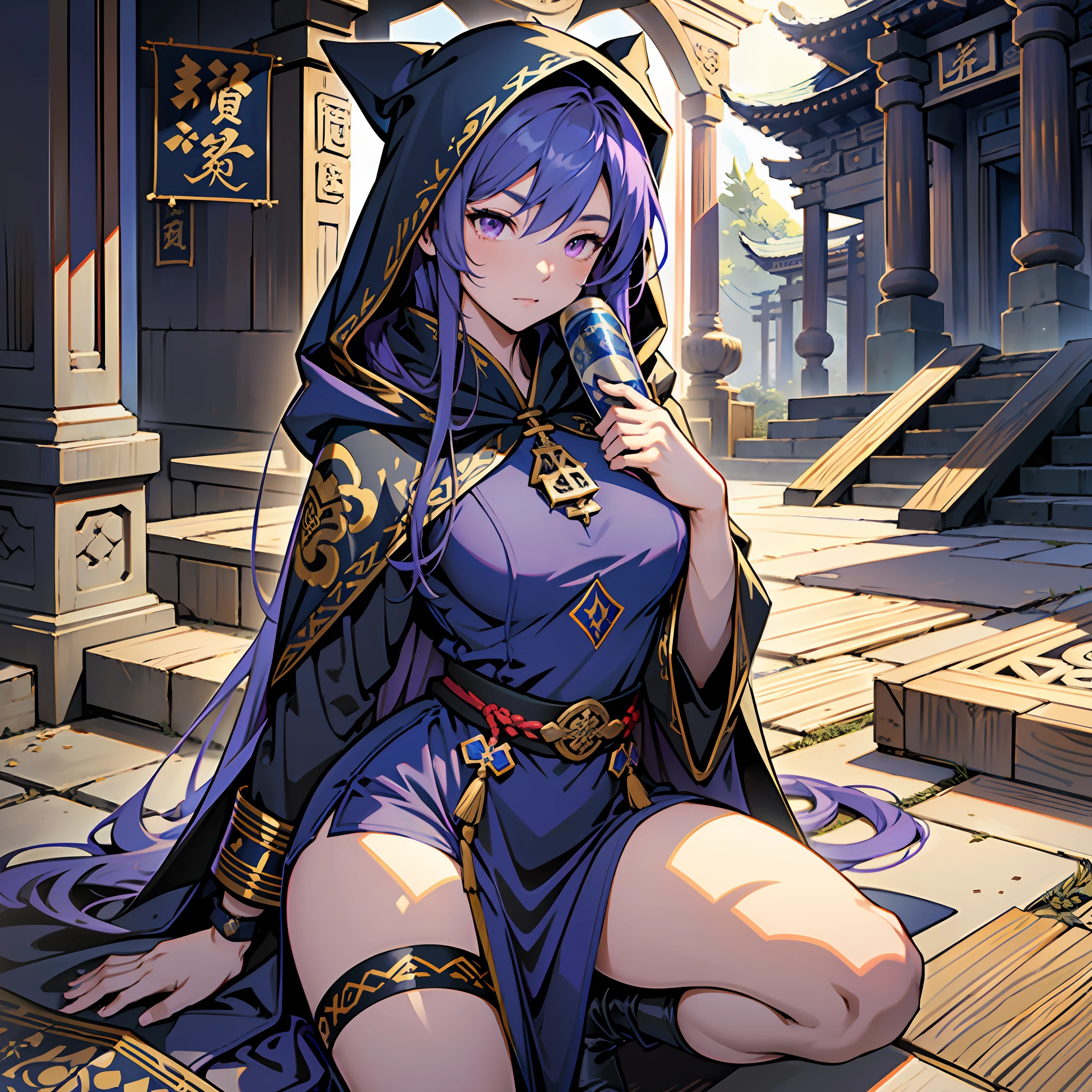 Japanese girl, beautiful face, long hair, chiquinha maria, violet blue hair, straight hair, caramelized eyes, dark blue colored cloak with hood, thick thighs, small breasts, curvy, thin waist, white skin, dark robe, dark blue colored boots, ancient temple, holding a tube of scrolls.
