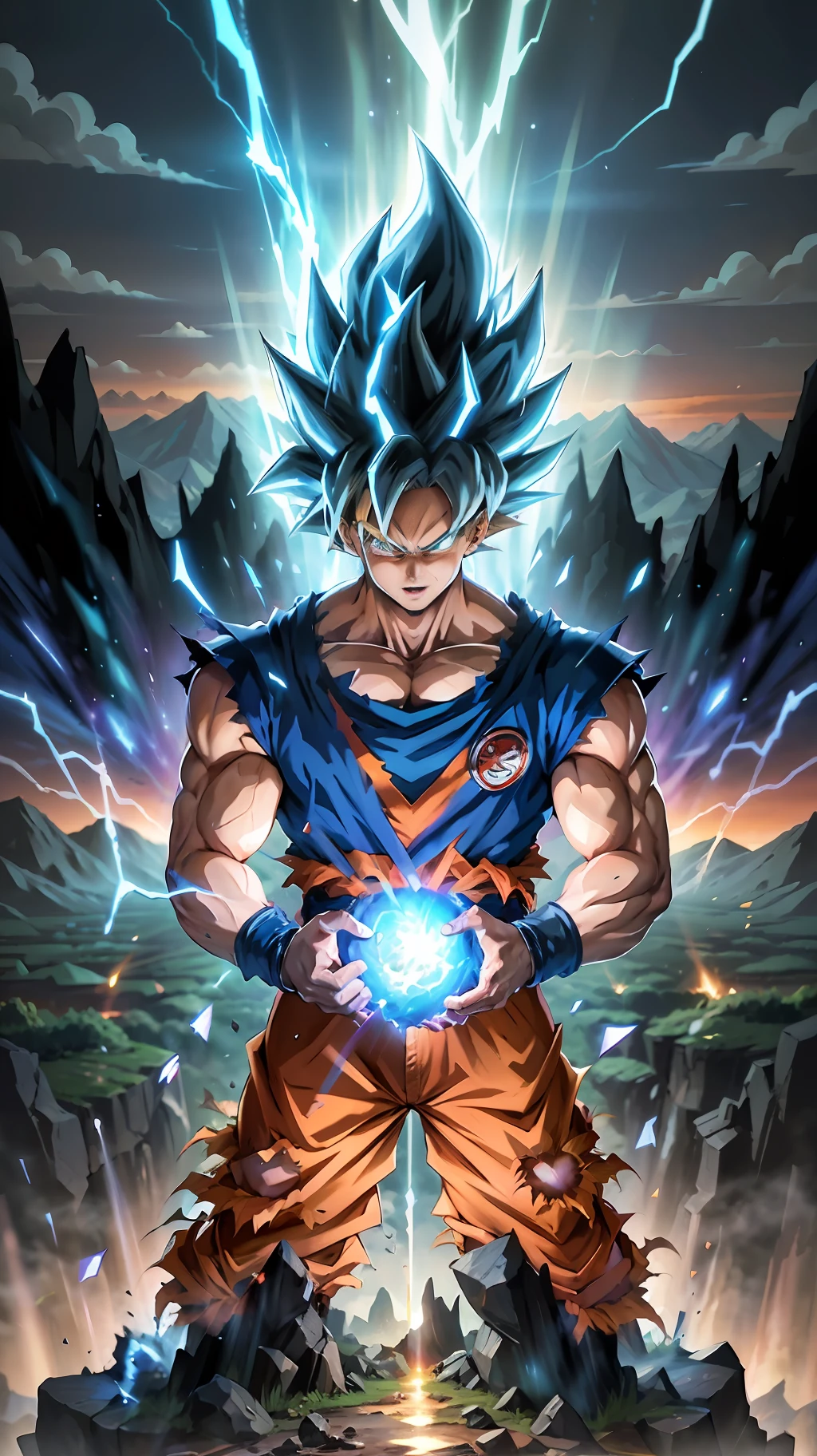 Super Saiyan Goku unleashes a massive energy wave while standing on top of a mountain, the surroundings are filled with lush greenery, and the sky is a mix of orange and purple hues. The energy wave is bright blue with electric sparks around it. (anime:1.2), (dramatic lighting:1.1), (vibrant colors:1.3), (cell-shaded:1.1), (dynamic composition:1.2)