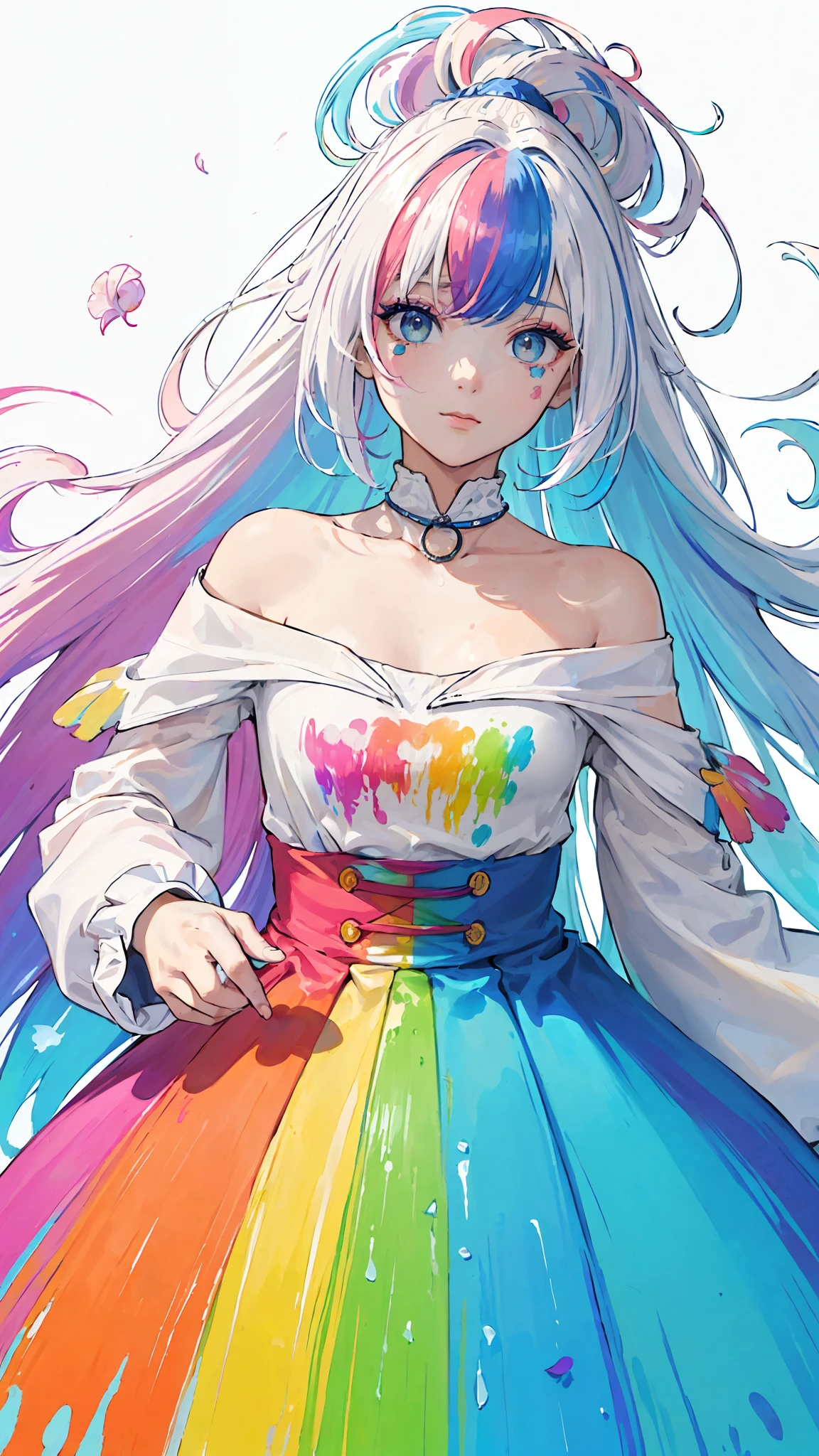 (Pink Fashion T-shirt:1.9),(Colorful hair: 1.8), (all the colours of the rainbow: 1.8),(((((vertical painting:1.6))), (painting:1.6),front, comics, illustrations, paintings, large eyes, crystal clear eyes,( rainbow color gradient high ponytail:1.7), exquisite makeup, closed mouth,(Small Fresh: 1.5),(Wipe Chest: 1.6) ,long eyelashes, white off shoulder T-shirt, White Shoulder Shirt,looking at the audience, large watery eyes, (rainbow colored hair:1.6), color splash, (solo:1.8), color splash, color explosion, thick paint style, messy lines, ((shining)),(colorful), (colorful), (colorful), colorful, Thick Paint Style, (Splash) (Color Splash), Vertical Painting, Upper Body, Paint Splash, Acrylic Pigment, Gradient, Paint, Highest Image Quality, Highest Quality, Masterpiece, Solo, Depth of Field, Face Paint, colorful clothes, (Elegant: 1.2), gorgeous,long hair, wind, (Elegant: 1.3), (Petals: 1.4),(((masterpiece))),(((best quality))),((ultra-detailed)),(illustration),(dynamic angle),((floating)),(paint),((disheveled hair)),(solo),(1girl) , (((detailed anima face))),((beautiful detailed face)),collar,bare shoulders,white hair, ((colorful hair)),((streaked hair)),beautiful detailed eyes,(Gradient color eyes),(((colorful eyes))),(((colorful background))),(((high saturation))),(((surrounded by colorful splashes))),