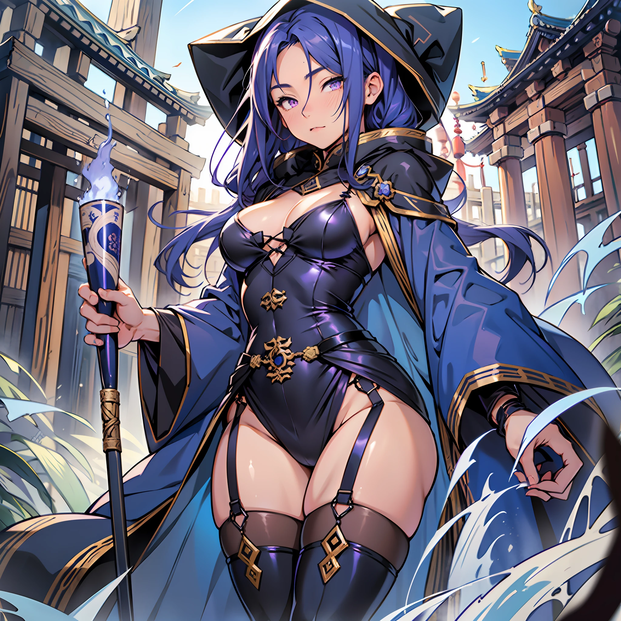Japanese girl, beautiful face, long hair, chiquinha maria, violet blue hair, straight hair, caramelized eyes, dark blue colored cloak with hood, thick thighs, small breasts, curvy, thin waist, white skin, dark robe, dark blue colored boots, ancient temple, holding a tube of scrolls.