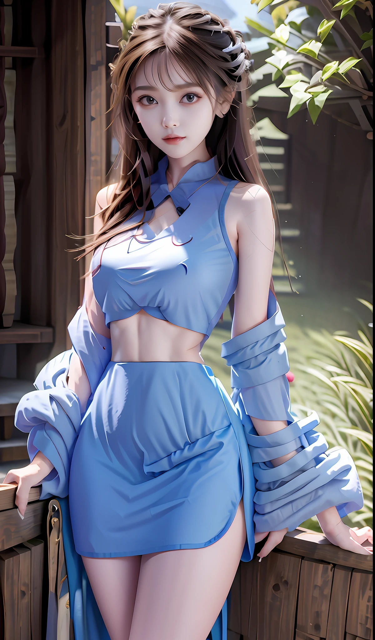 Best quality, master, highlight, martial arts 1 girl, super beautiful face, super beautiful eyes, super beautiful hairsuper beautiful face, super beautiful eyes, super beautiful hair, suspenders, long legs, thin waist, wide hips, stockings, shorts, short skirt, shallow tulle, transparent, alluring, charming, sexy, transparent clothes, short sleeves, hanfu, crop top sleeves, sleeveless, summer, thin waist, satin, shaxi, crop top , CG society, rendering, semi-realistic, halter neck top, hanfu, Arad woman in blue dress, crop top sleeveless, summer, thin waist, satin, sand creek, crop top , flowers, floral details, CG social, rendering, semi-realistic, halter neck top, hanfu, belly pocket,