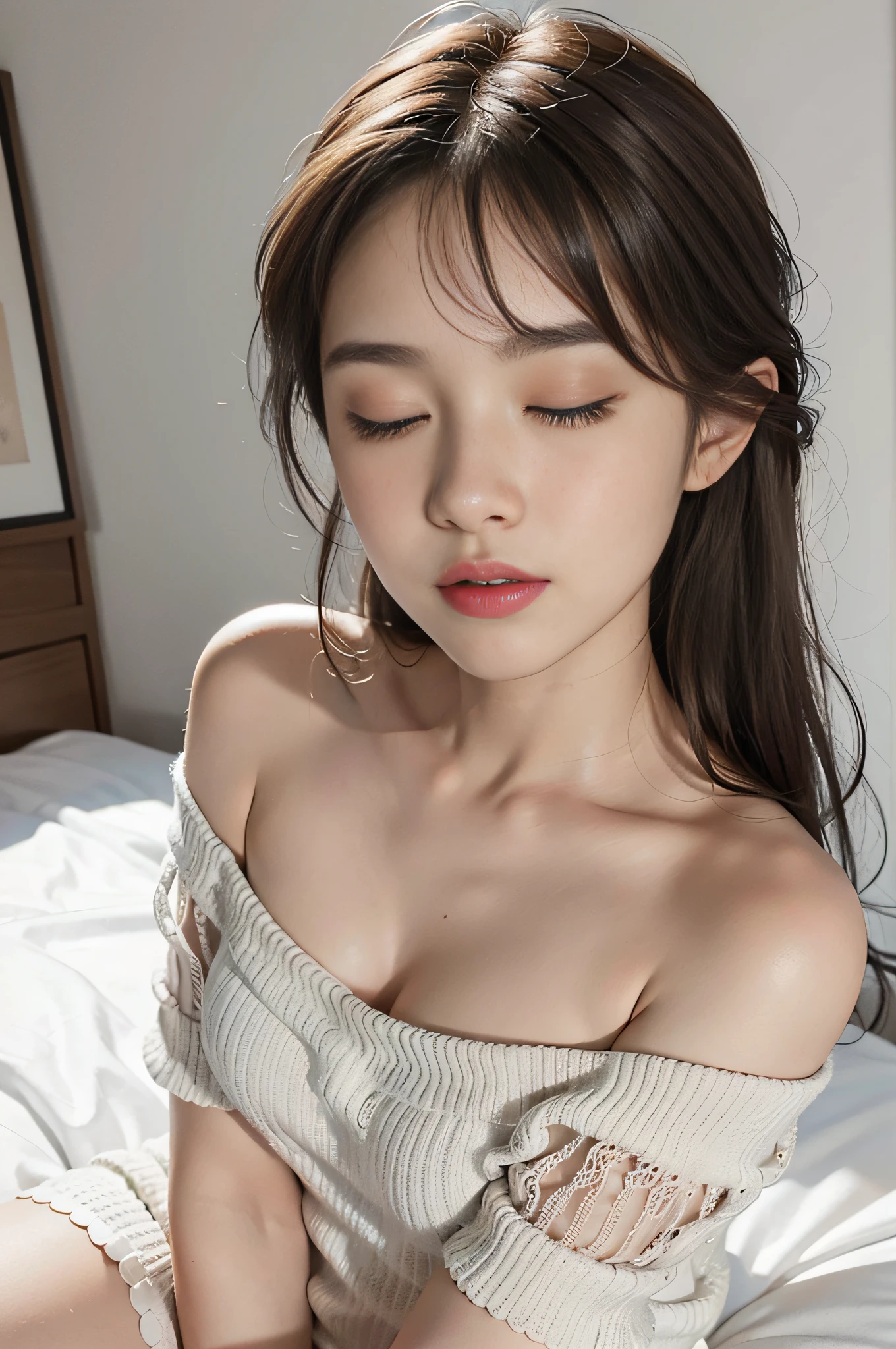 ((Best Quality, 8K, Masterpiece: 1.4)), Hotel Room, Realistic Lighting, (Photorealistic: 1.4)), Raw Photo, (Real Skin Texture: 1.4), (Detailed Skin: 1.4), Super Definition Photo, 1 Girl, Japan Idol, Bangs Down, ((Brown Hair, Middle Breast: 1.3)), Very Long Hair, Moisturized Skin, (Knitted White Off Shoulder), White Panties, Small panties, (sitting on bed), (eyes closed), (front view), (taken from directly above), face focused, shoulders bare, shoulders pursed, arms bare, hands lowered, 5 fingers, no sleeves, arched back, face straight up, chin raised, face focused, (face up), face centered, straight ahead