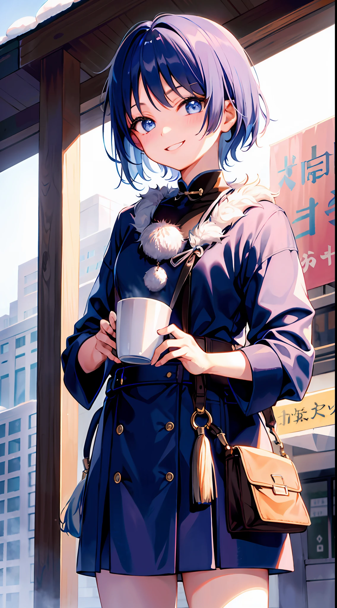 (morning), 1girl, 独奏, 看着观众, winter, cowboy shot, (downtown), smile, blue hair