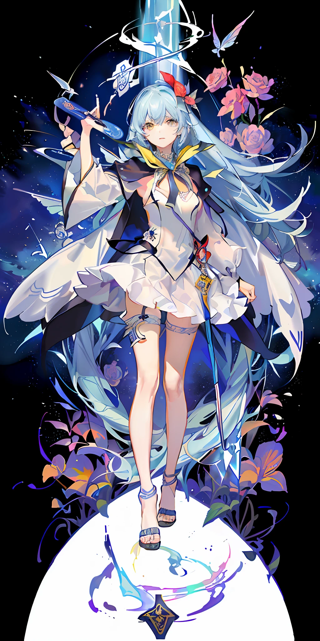 (Golden Ratio: 1.2),(Rose Graffiti:1.2),(Fault Color:1.3),[(White:1.4)::10],(Full-body:1.2),(Ultra Detail:1.3),(Tarot:1.6),(Magician:1.6),(Magician: Tarot): 1.6), (Paper: 1.2), (Fairy: 1.6), (Fairy Wings: 1.2), Full body, standing in the air, (Cool: 1.2), (Red Long Hair),(Butterfly Hair Ornament),( Floral Hair Ornament: 1.0),((Sandals,Rocket)),(Colorful Cocktail Long Dress:1.0)+ (Loose Sleeve Coat:1.3)+(Floating Colorful Tassel and Ribbon: 1.2),(White Stockings: 1.2),(Multicolored Ink Paper Flowers Growing on Face:1.2),(Colorful Flower Sea:1.3),(Chaotic Geometric Image:1.3 ), (Negative space: 0.8), (Drawing board: 1.3), (Ether Colorful Ink Flow: 1.3)